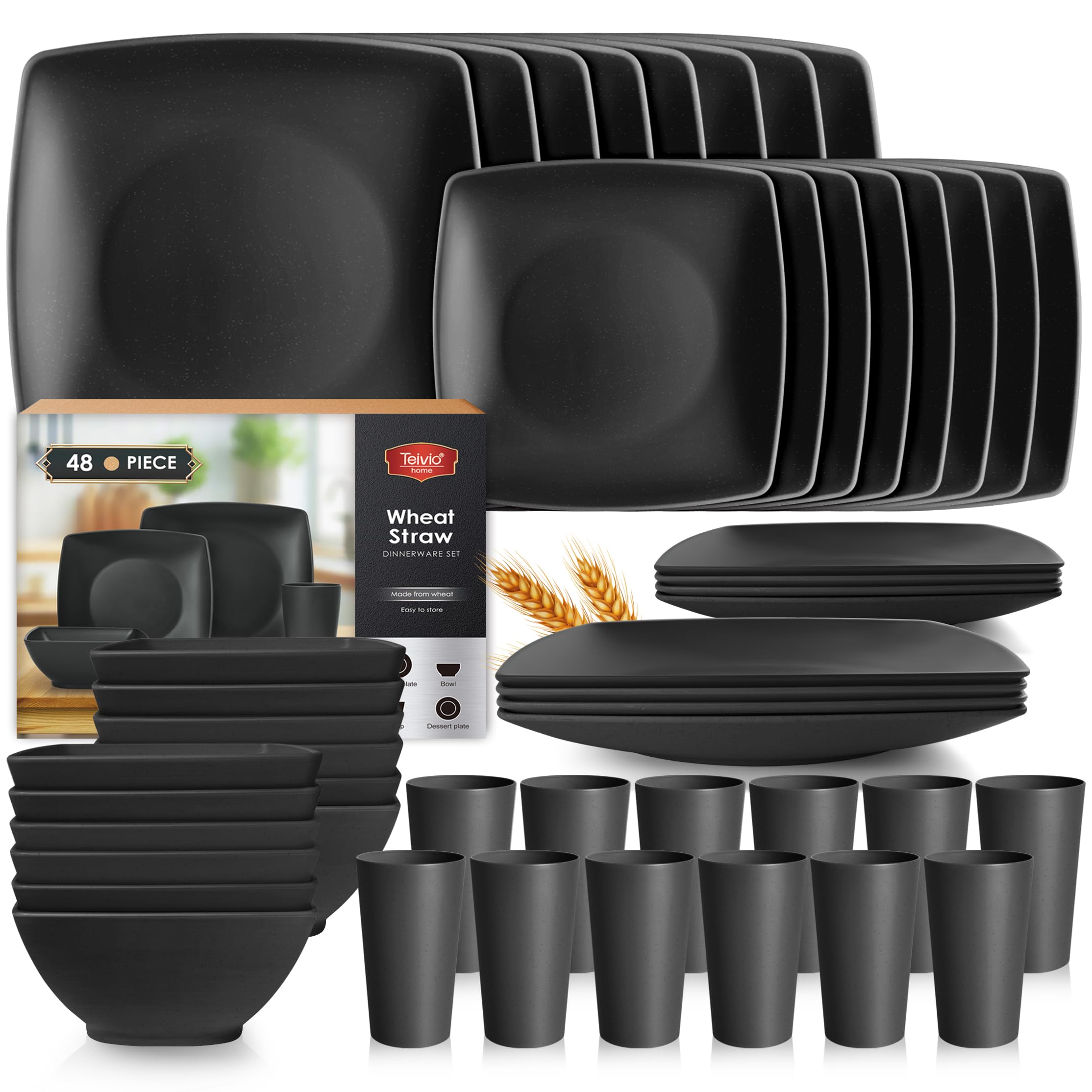 Teivio 48-piece Wheat Straw Square Dinnerware Set