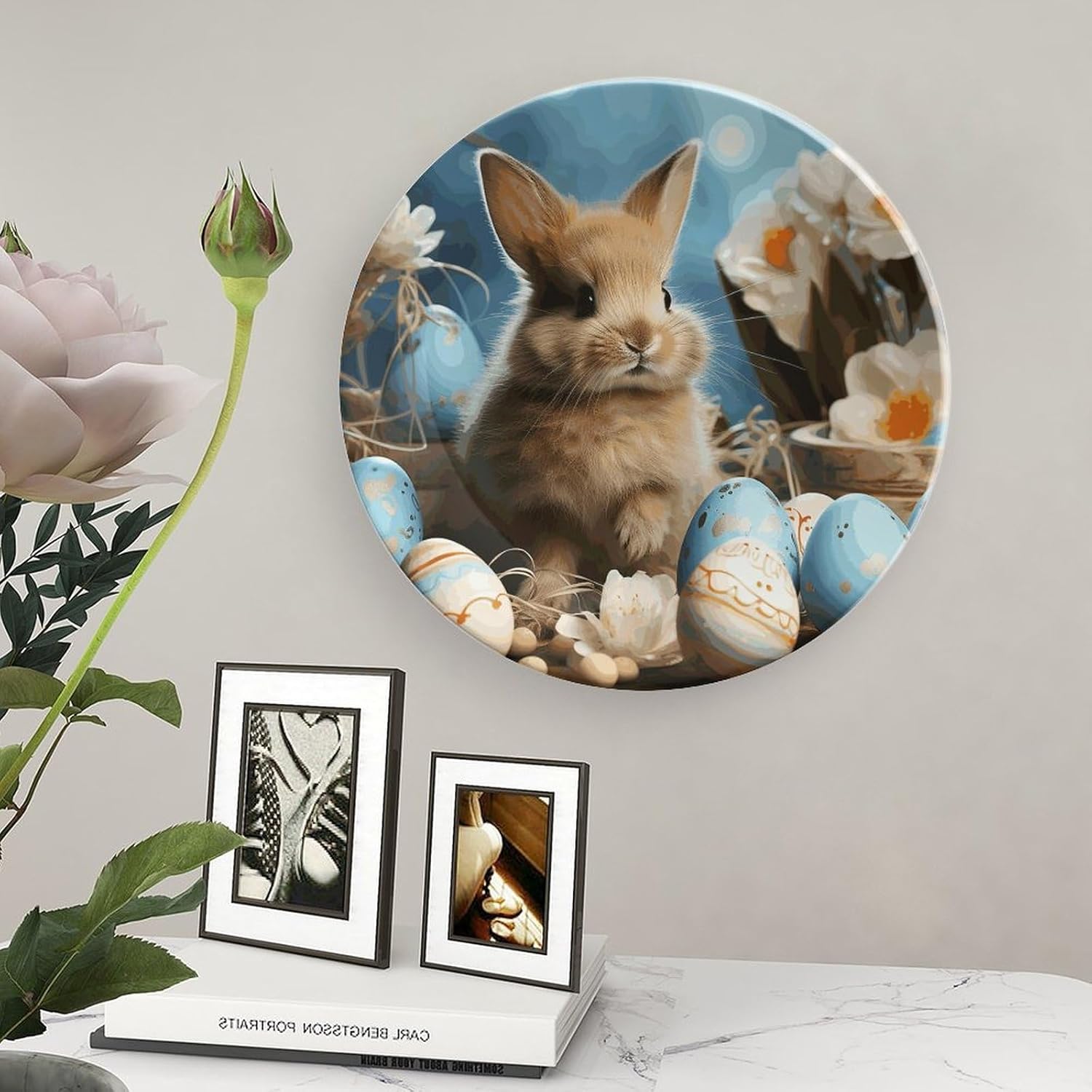 Cute Easter Eggs Rabbit Decorative Plates for Display Round Porcelain Plate Living Room Table Ceramic Hanging Decorative Plate Art Decor for Living Room Table with 1 Display Stand 8inch