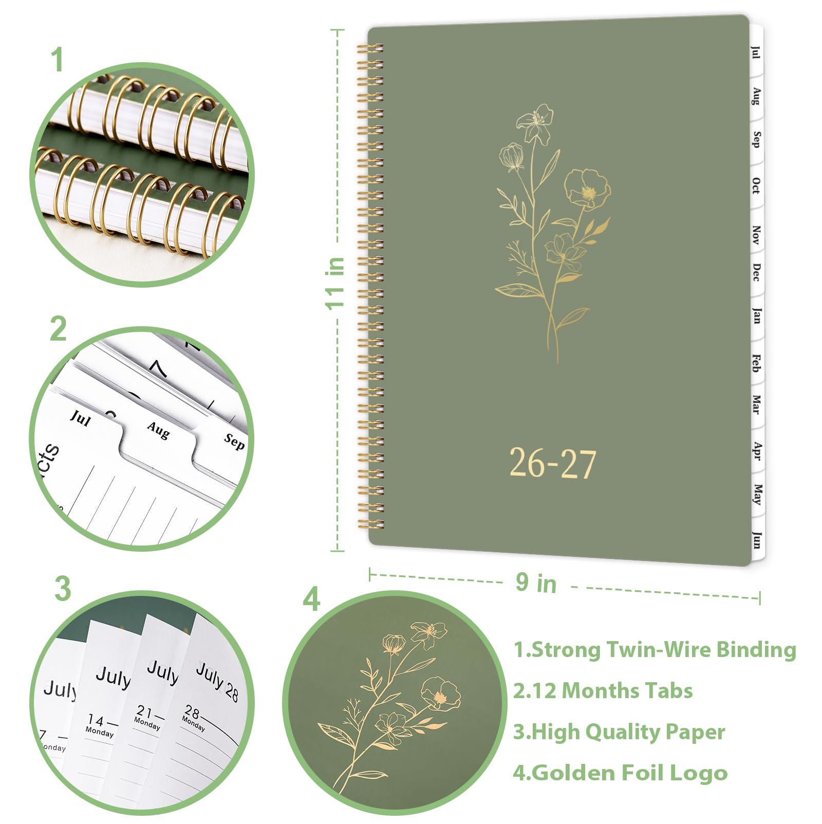Planer 2026–2027 – 2026–2027, Wochen- und Monatsplaner mit Registerkarten, 22,9 x 27,9 cm, Juli 2026 – Juni 2027, Hardcover, 12 Monats-Tabs, Premium-Papier, Doppeldrahtbindung, Innentasche