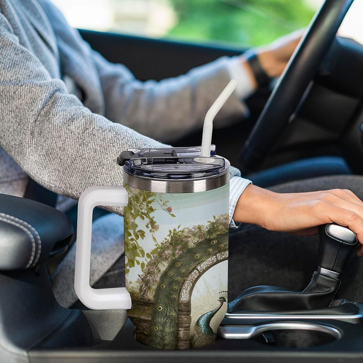 40 Oz Insulated Mug with Handle, Stainless Steel Garden Arched Door Peacock Printed Travel Mug Portable Leak-proof Large Car Mug for Home, Office Or Car