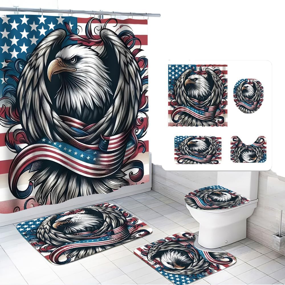 Patriotic Gnomes Shower Curtain Set, 4th of July Independence Day Design, American Flag Theme with 12 Hooks (C)