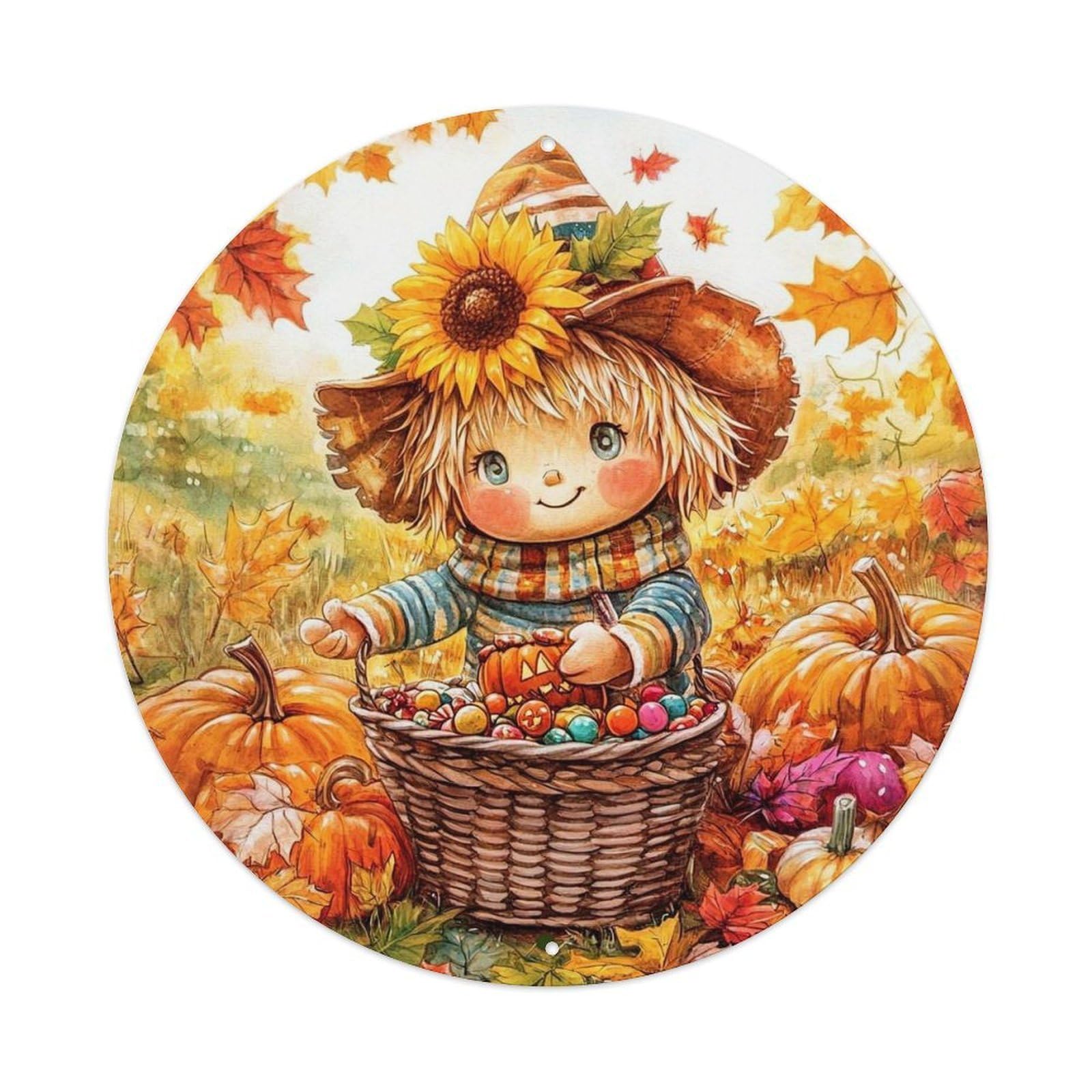 Autumn Harvest Scarecrow Pumpkin Leaves Retro Metal Sign Round Tin Sign, Vintage Decor Art Poster for Bar, Home, Man Cave, Kitchen, Laundry Room Gift 8x8Inch