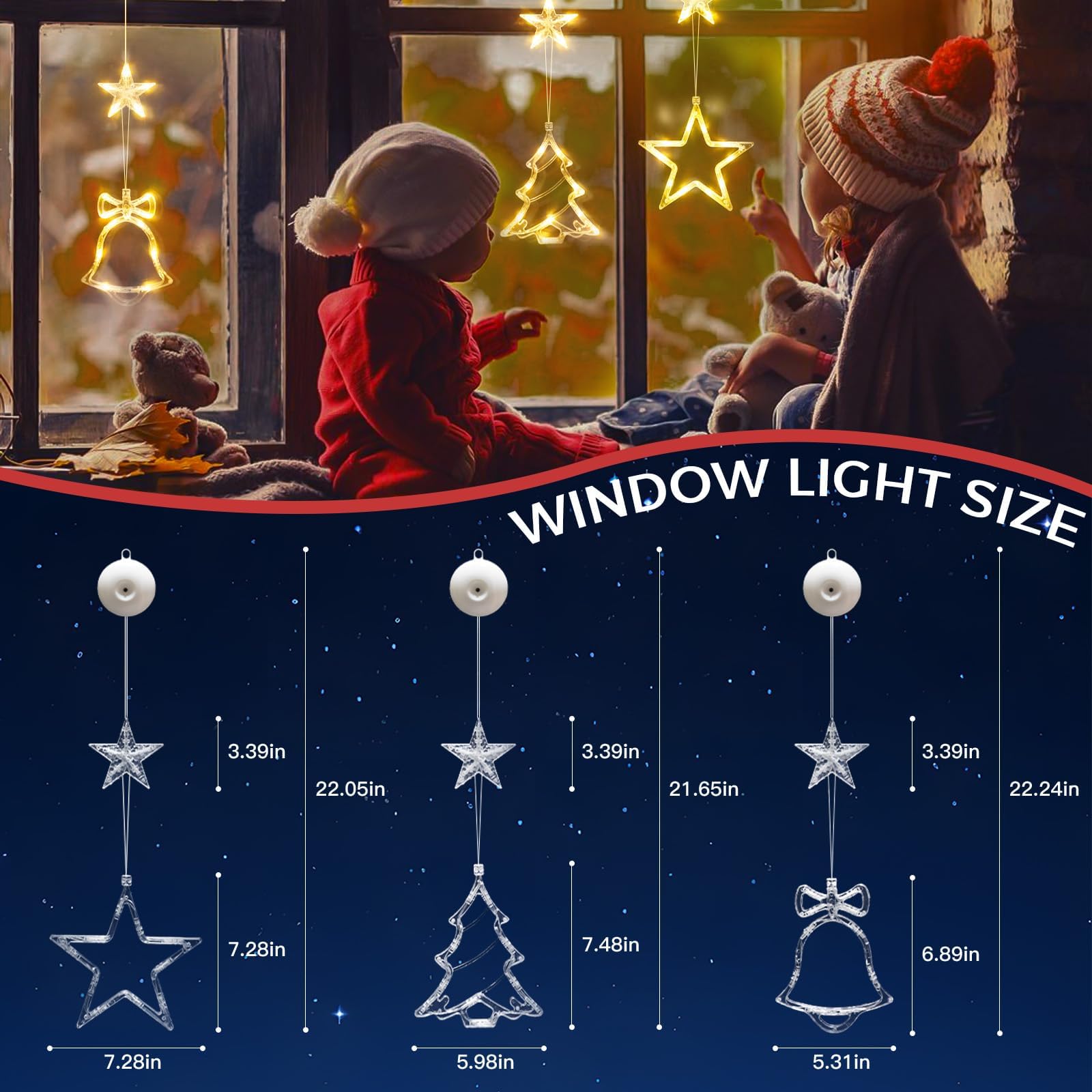 suddus Lot de 3 guirlandes lumineuses de Noël en forme de clochette et d'étoile, alimentées par piles avec ventouses et minuterie, guirlande lumineuse à suspendre pour arbre, cheminée, blanc chaud