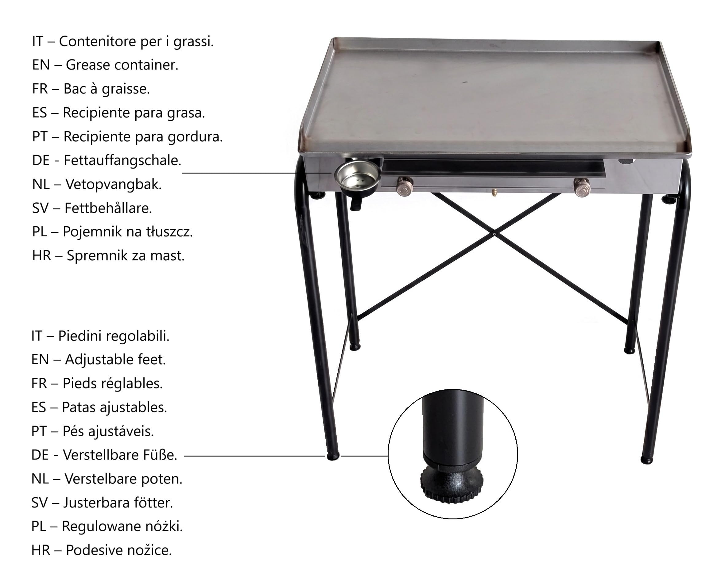 Yelloo - Parrilla Inoxline 810 75x45 cm con placa lisa de acero inoxidable AISI430, BBQ barbacoa de gas con dos quemadores