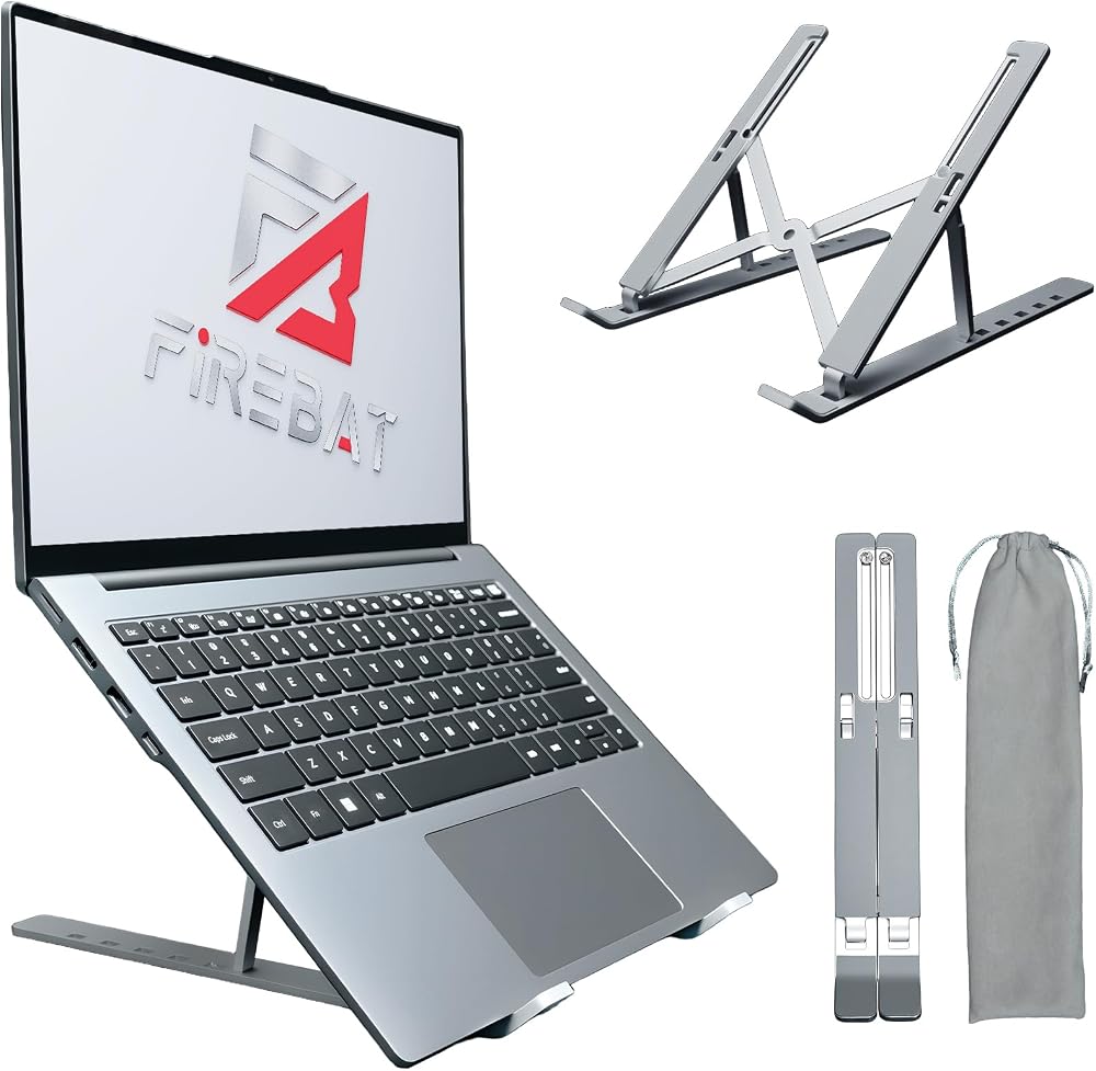 FIREBAT Laptop Stand for Desk, 6-Angle Adjustable Ergonomic Laptop Riser, Foldable Aluminum Portable, Cooling Desktop Notebook Computer Holder Compatible with 10-15.6” MacBook, Dell, HP, iPad, Silver