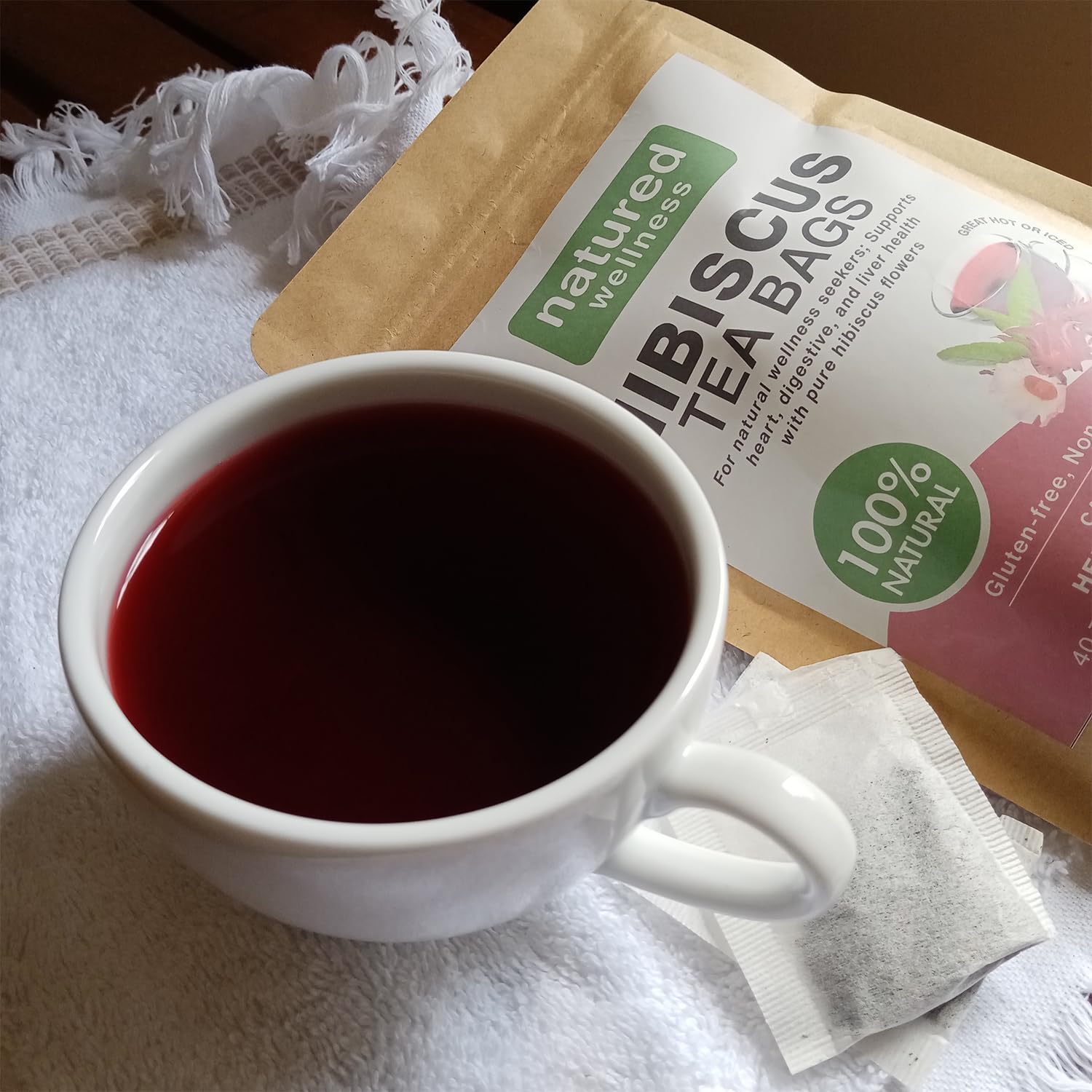 Natured Wellness Hibiscus Tea Bags (40 Count) | Pure Hibiscus Flower Tea | Caffeine Free Herbal Tea | Eco-Conscious Packaging | Tart & Refreshing Hot or Iced | Small Farmers of Sri Lanka - Image 4