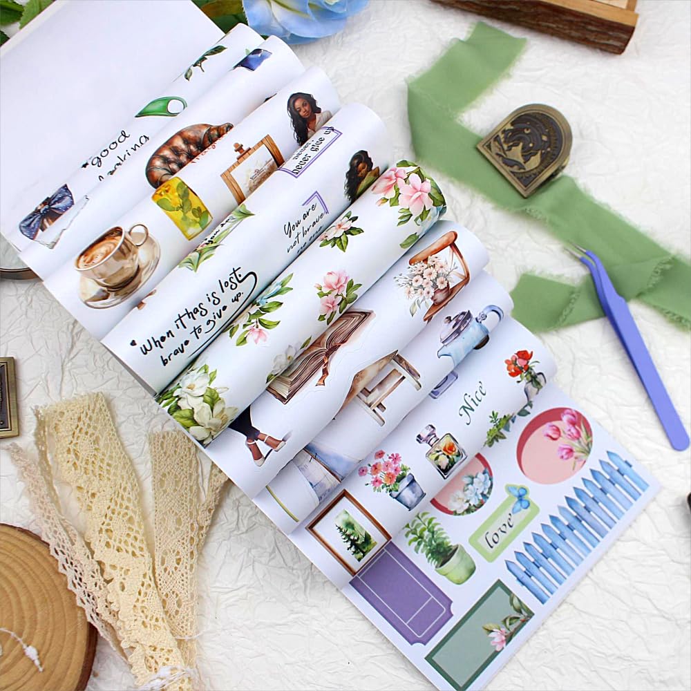 Dwpetzo Calcomanías para álbumes de recortes con temática floral de vida para mujeres afroamericanas, más de 200 calcomanías de diario para álbumes de recortes y diarios de viñetas, 20 hojas únicas de