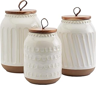 Unknown1 Tabletops Gallery 3pc Canisters with Acacia Wood Lid Off/White Country Ceramic, Medium