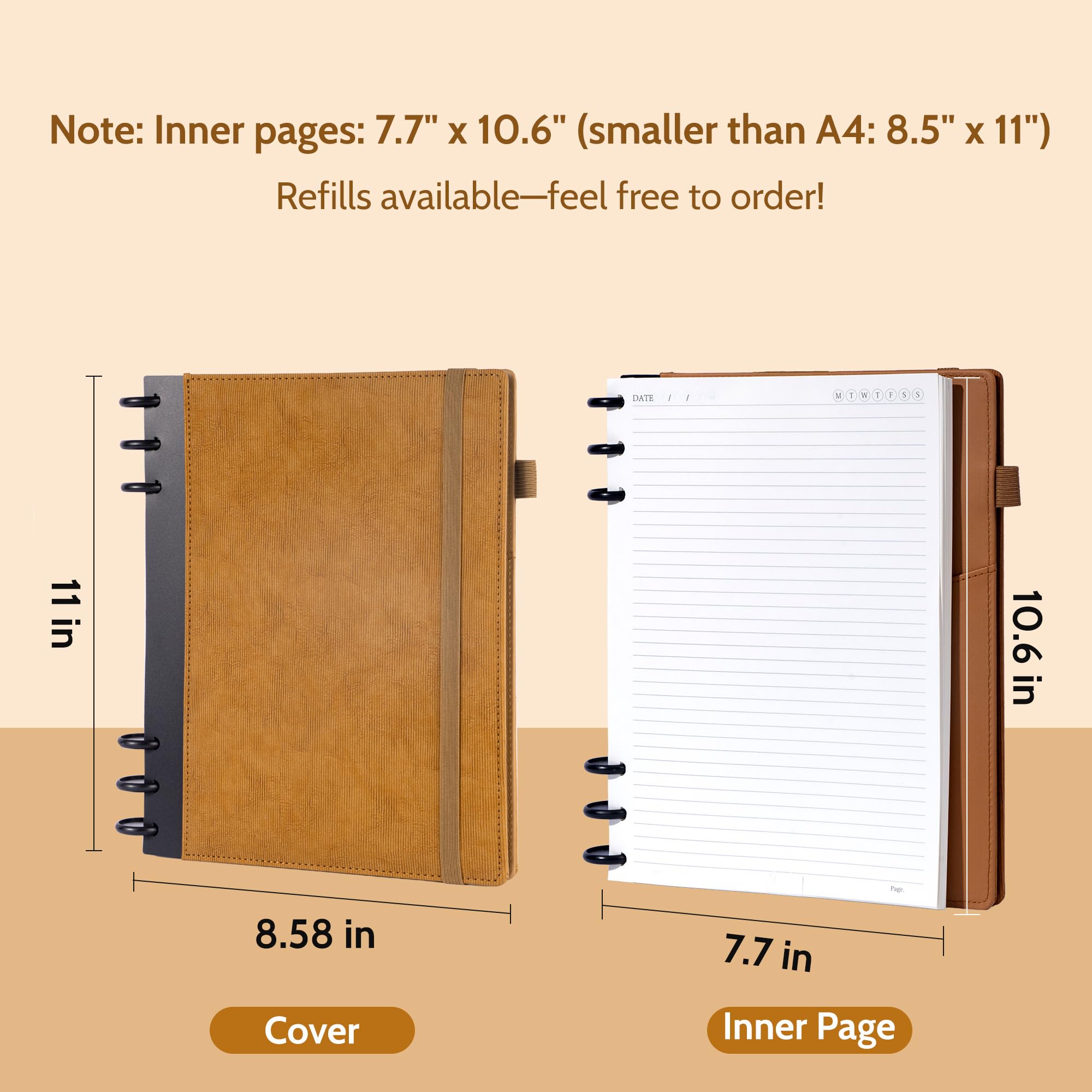 Cuadernos recargables para trabajo encuadernados en disco: cuaderno de tapa dura con 5 temas separadores, pestañas separables, diario grande con rayas universitarias, diario grande para escribir
