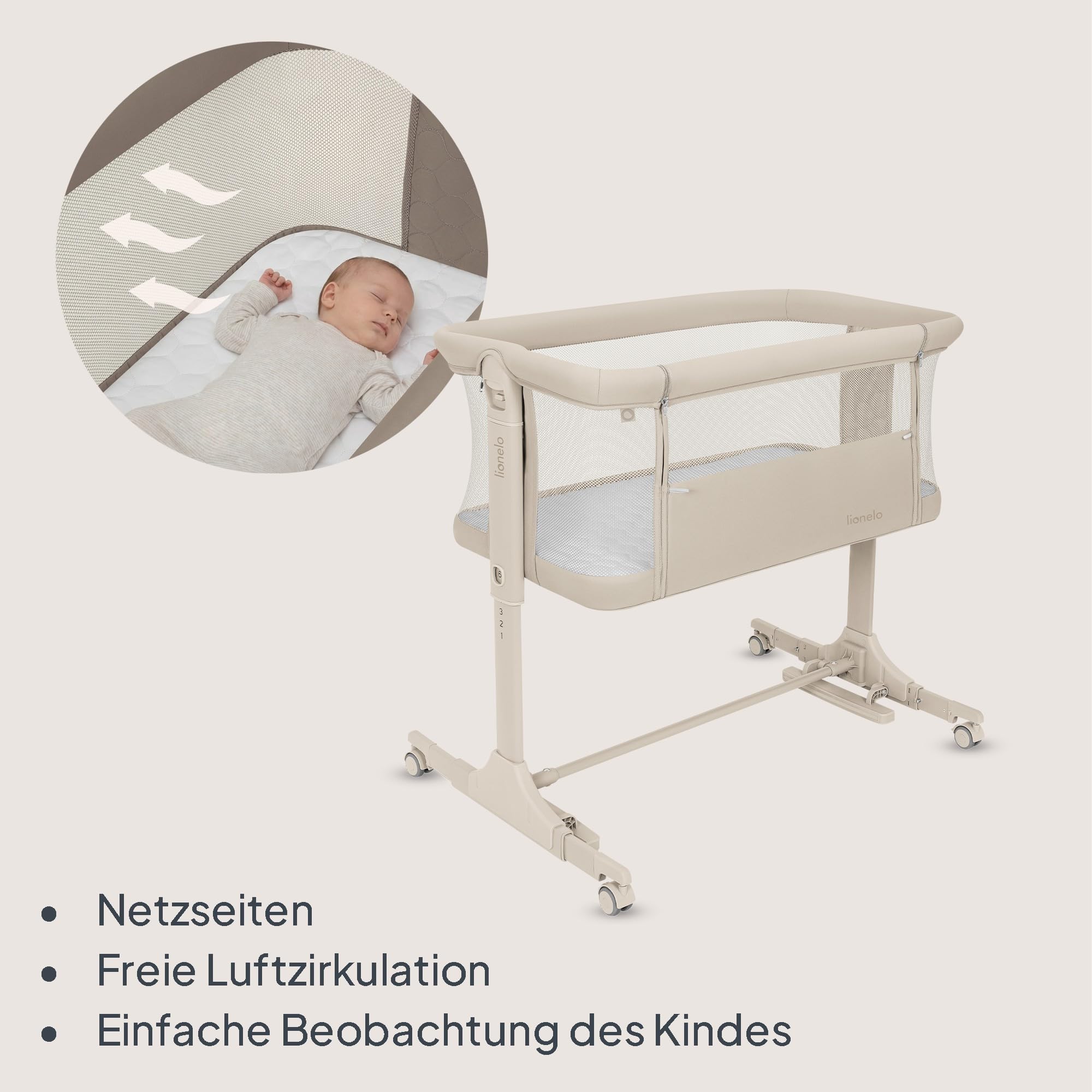 Lionelo Pari Beistellbett 3in1, 6-Fach höhenverstellbar, Neigungsverstellung, Boxspringbett, Wiege, Babybett, Netzseiten, Rollen mit Bremse, Matratze, 84 x 48 cm
