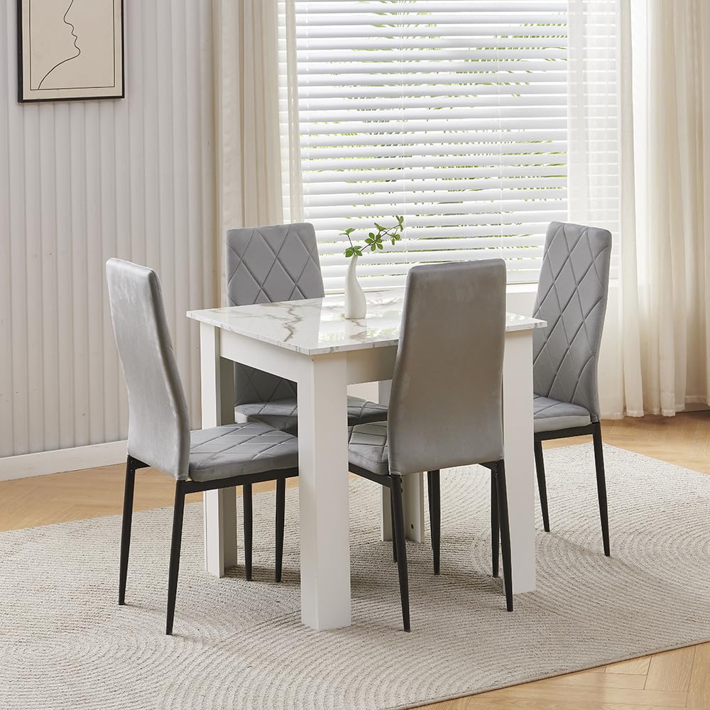 75x75 cm Small Dining Table and 4 Chairs, 4 Seater Table and Chairs Set Kitchen Dining Room Set for 4, Compact, Space Saving, Wooden, Glossing Tabletop Marble-White (4 Seats, Flannel Grey #2)