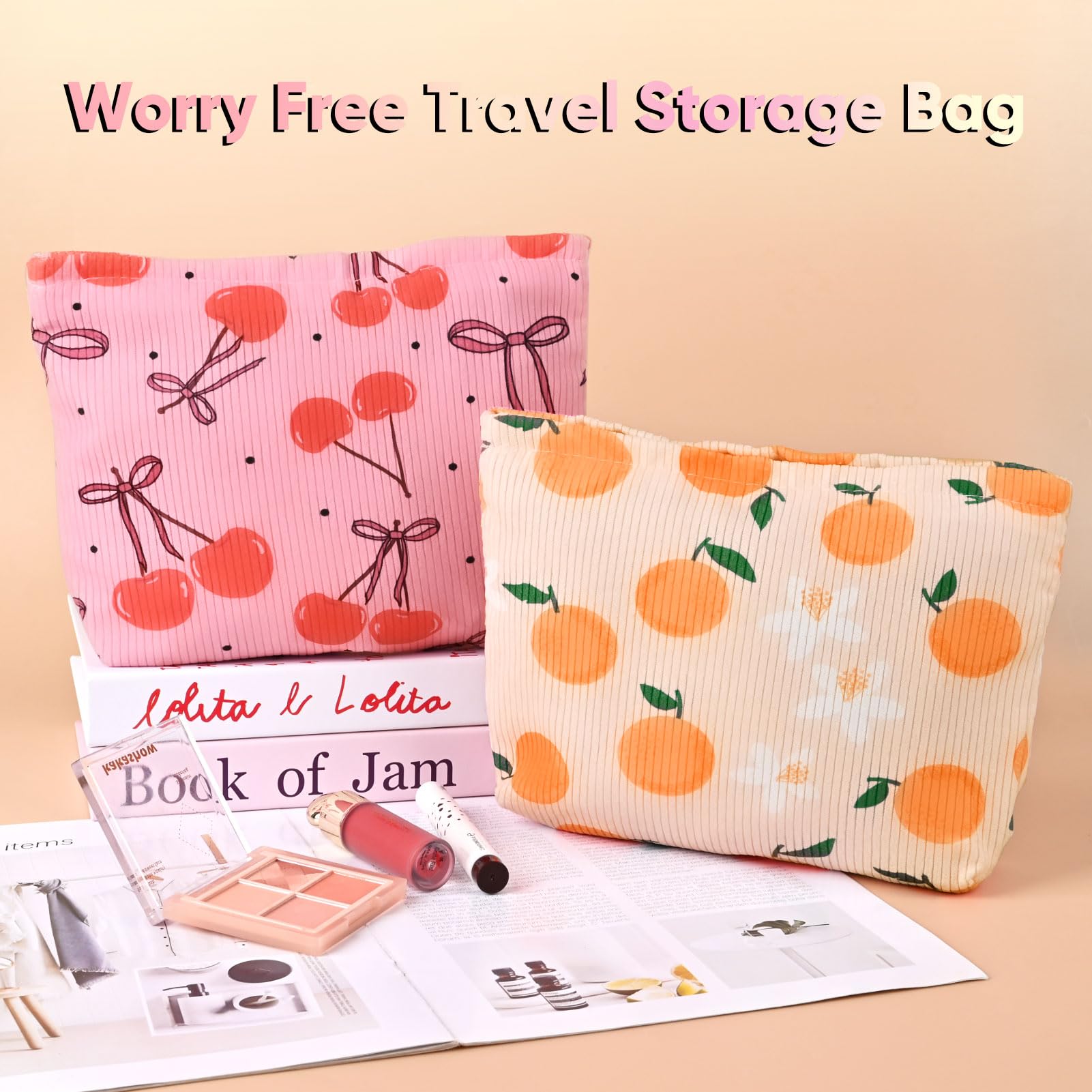 Ksriylm Cute Corduroy Cosmetic Bag for WomenCherry and Bow Canvas Toiletry Organizer Storage with Purse ZipperSmall Pink Multifunctional Travel Makeup BagAesthetic Travel Toiletry Bags - Image 3