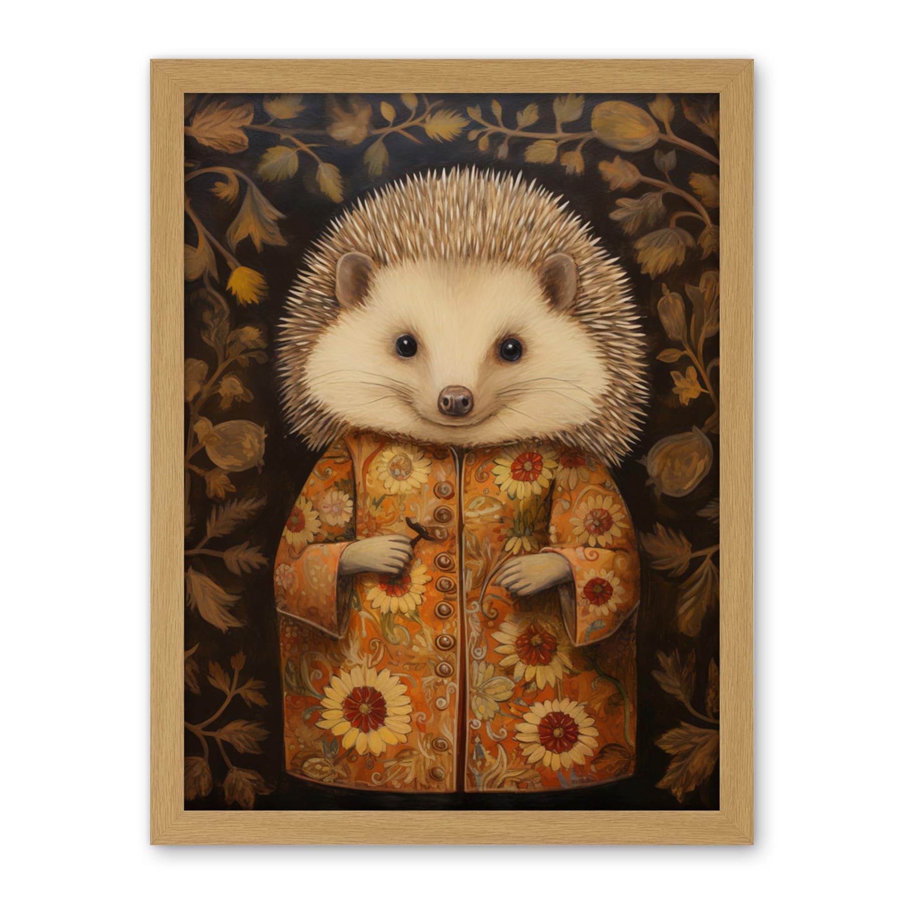 Artery8 Autumn Hedgehog in Sunflower Robe Modern Artwork Framed Wall Art Print 18X24 Inch