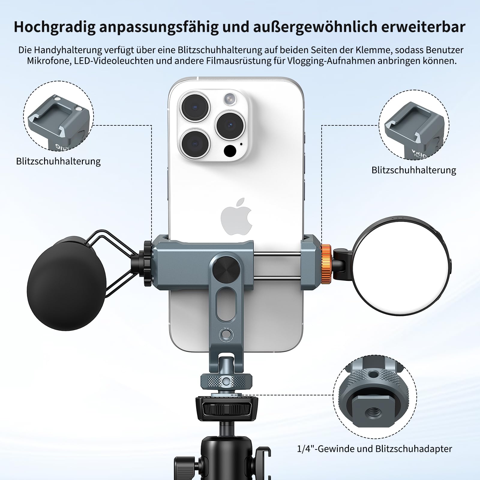 VRIG PH-18 Handyhalterung für Stativ Metall, Auch kompatibel mit Blitzschuh | 360° Drehbarer Handyhalter, 2 Cold Shoe Mount, Kamera Halter für iPhone und Samsung (Blitzschuhadapter & 1/4"-Stativgewinde)