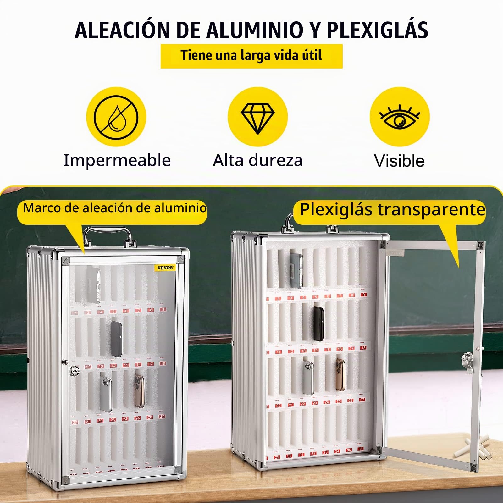 VEVOR Caja de Casillero de Almacenamiento de Teléfonos 32x20x51 cm Caja de Administración de Celular Cojinete de Carga 20 kg Caja de Almacenamiento de Teléfonos con 36 Ranuras y 2 Llaves para Clases