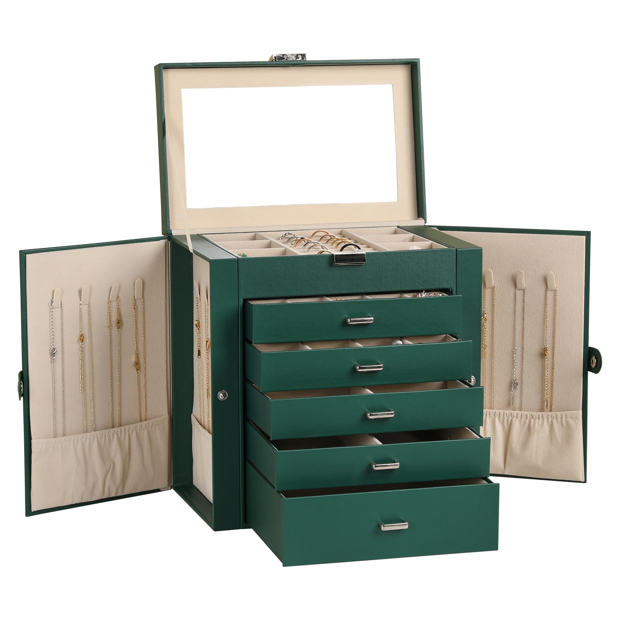 Frebeauty Große Schmuckschatulle, 6-stöckig, PU-Leder, Schmuck-Organizer, multifunktionale Aufbewahrungsbox mit Spiegel, Zubehörhalter mit 5 Schubladen für Halsketten, Armbänder, Uhren (Schwarzgrün)