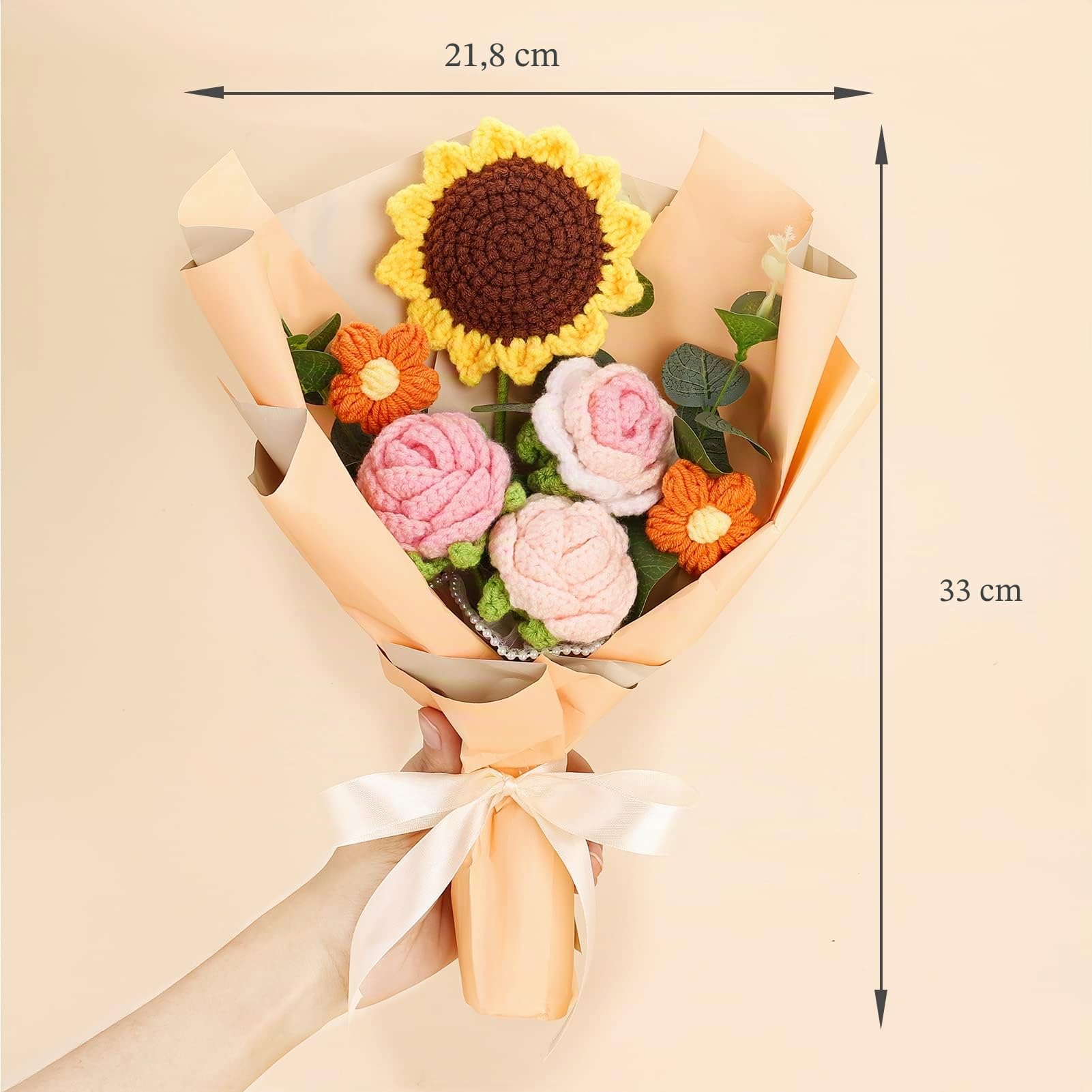 Omldggr Bouquet di fiori all'uncinetto, realizzato a mano, kit per bouquet all'uncinetto, girasole finto rosa, margherita per festa della mamma, compleanno, matrimonio, San Valentino e decorazione per