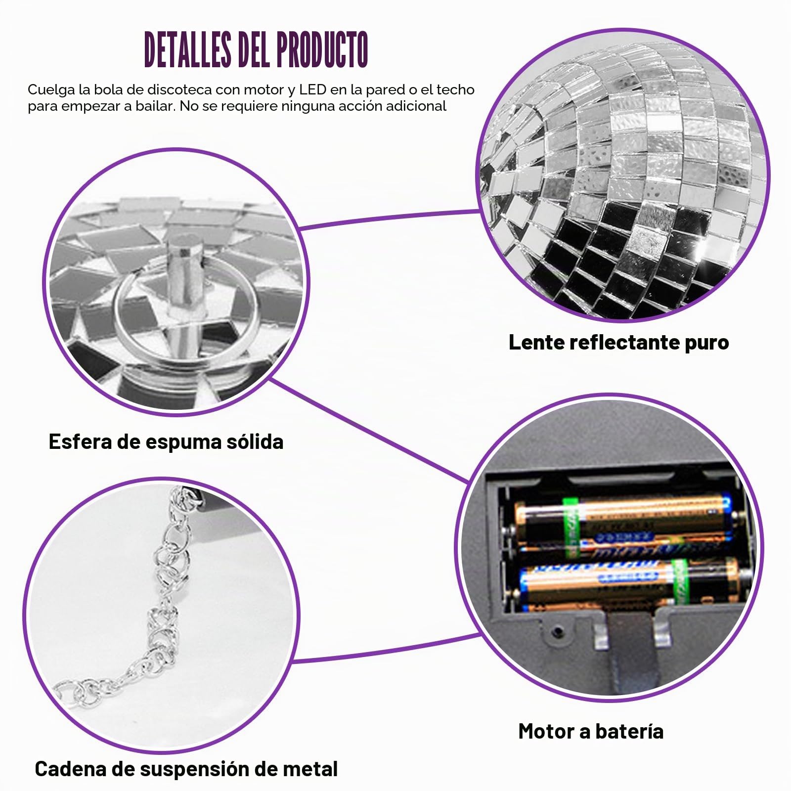 Bola de discoteca de 12 cm con motor y LED, bola de espejos giratoria con 18 perlas LED, alimentada por batería, bola de discoteca con anilla metálica, decoración de bola de discoteca para fiestas