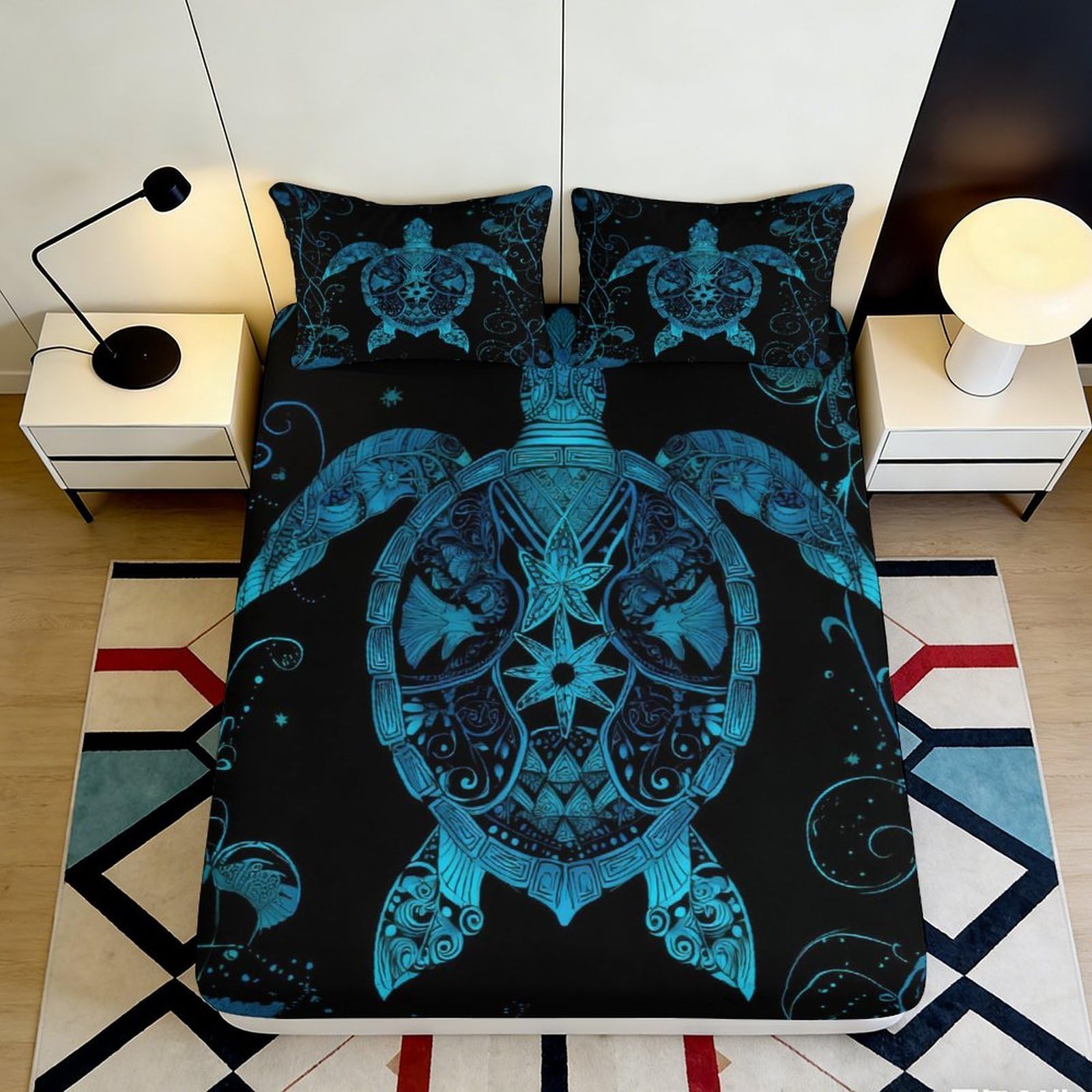 Decorative blue sea turtle Fitted Sheet, 3D Printed, soft touch Microfiber, wrinkle resistant, guest room bedding, easy care, stylish accent 90x200x25cm