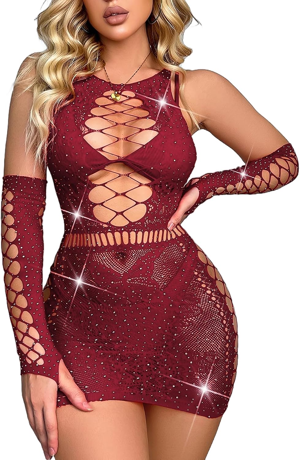 ADOME Womens Fishnet Lingerie Mesh Chemise One Piece Babydoll Mini Dress Lace Sparkle Rhinestone Lingeries for Women