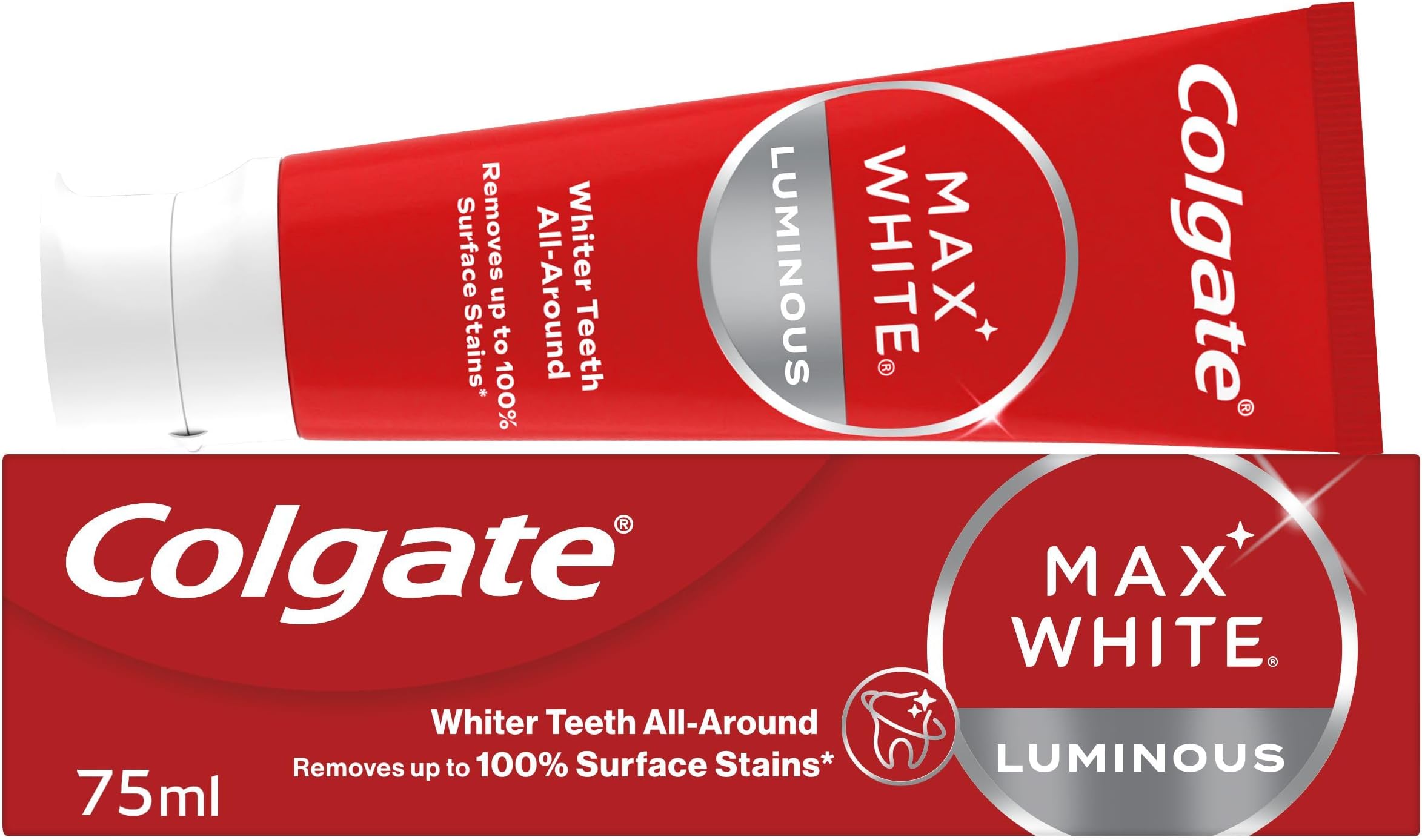 Colgate Max White Luminous Toothpaste 75ml - Teeth whitening Toothpaste - Clinically Proven Formula - Removes up to 100% of Surface Stains - SmartFoam System Cleans All Around Your Teeth
