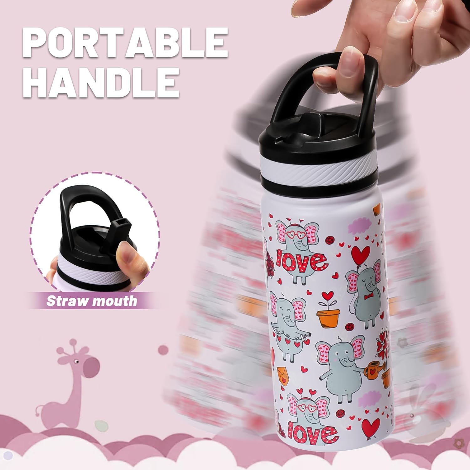 Kids Insulated Water Bottle with Straw Lid, 20 oz BPA-FREE Double Wall Vacuum Tumbler 18/8 Stainless Steel Leak Proof Kids Cups with Straw for School Travel Boys Girls (Love Elephant) - Image 3