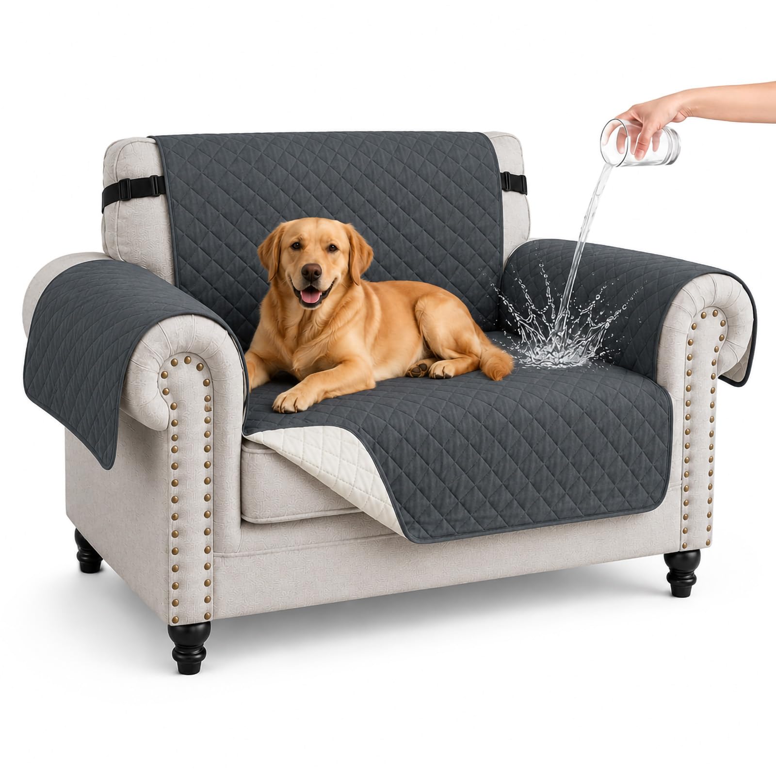 Hiiksolo Water Resistant Sofa Cover, Checkered Pattern with Non Slip Elastic Straps, Couch Protector for Dogs, Settee Covers Furniture Slipcovers, 1 Seater Dark Grey