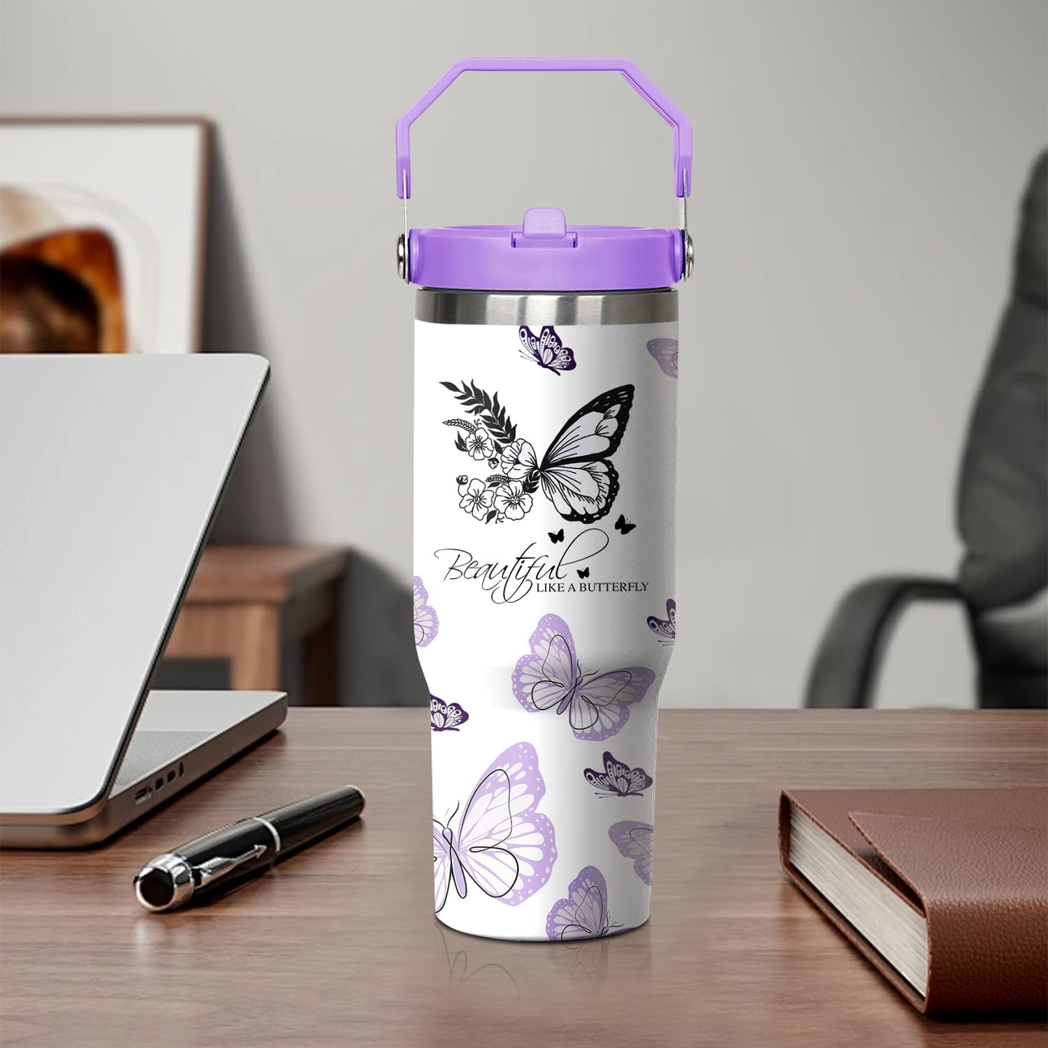 Butterfly Tumbler with Handle and Flip Straw, 30oz Purple Travel Coffee Mug Water Bottle with Lid, Stainless Steel Insulated Cup, Birthday Gifts for Women Animal Lovers