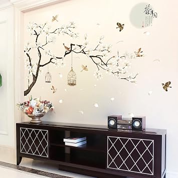Large Wall Stickers, Removable Peel and Stick 3D Wall Art Stickers, 50''x74'' Romantic Cherry Blossom Tree Wall Murals, DIY Home Decor for Girls Bedroom Nursery Rooms Living Room, BWCXXZH
