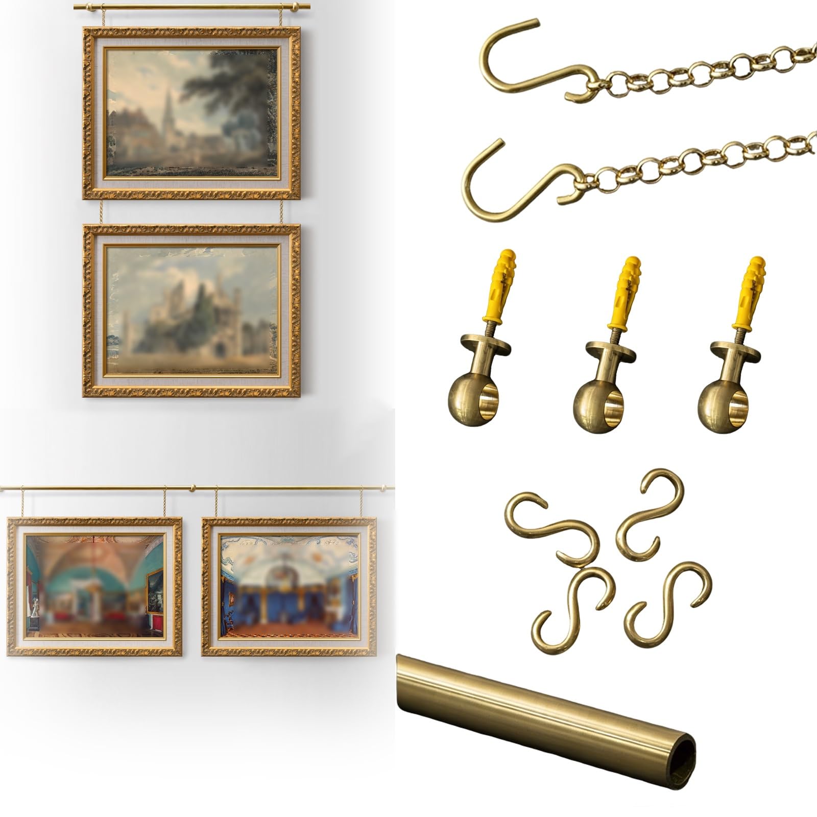 Messing Bilderschienen Aufhängesystem – Verstellbare Galerieschienen für Bilder mit Haken und Goldener Kette – Für Wandkunst, Bilderrahmen, Leinwand – Wohnzimmer, Büro, Galerie(100cm/39in)