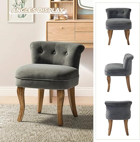 Miniatura 7 de HULALA HOME Taburete de tocador de terciopelo con respaldo bajo, moderna silla de tocador con patas de madera maciza, pequeña silla de maquillaje