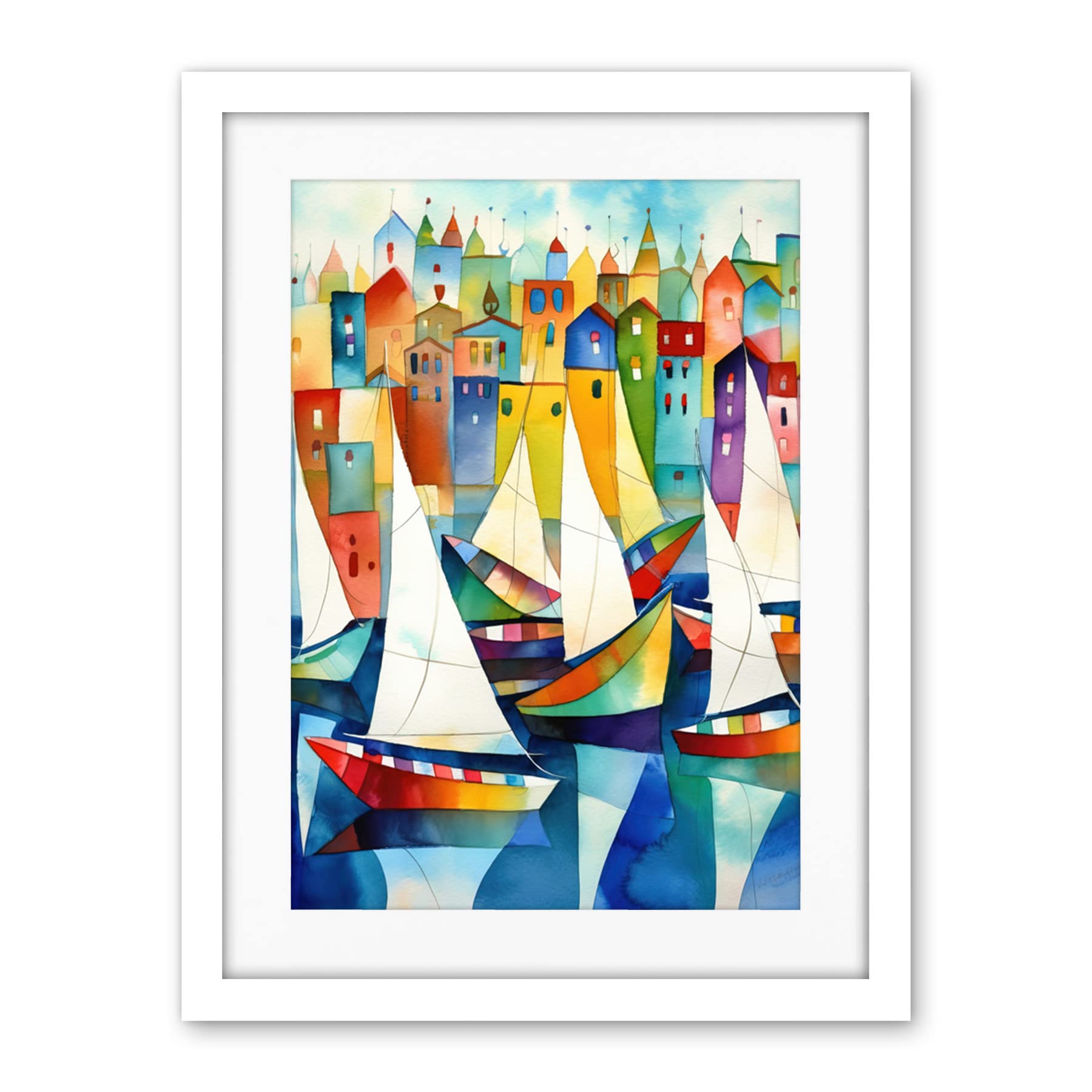 Artery8 Harbour Boats Folk Art Watercolour Painting Artwork Framed Wall Art Print 18X24 Inch