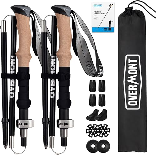 OVERMONT 2 Bastones de Senderismo Plegables de Carbono, 105–125 cm, Negros | Unos 215 g por bastón y 34 cm plegado; cierre de palanca metálico y 10 accesorios para roca, barro y nieve