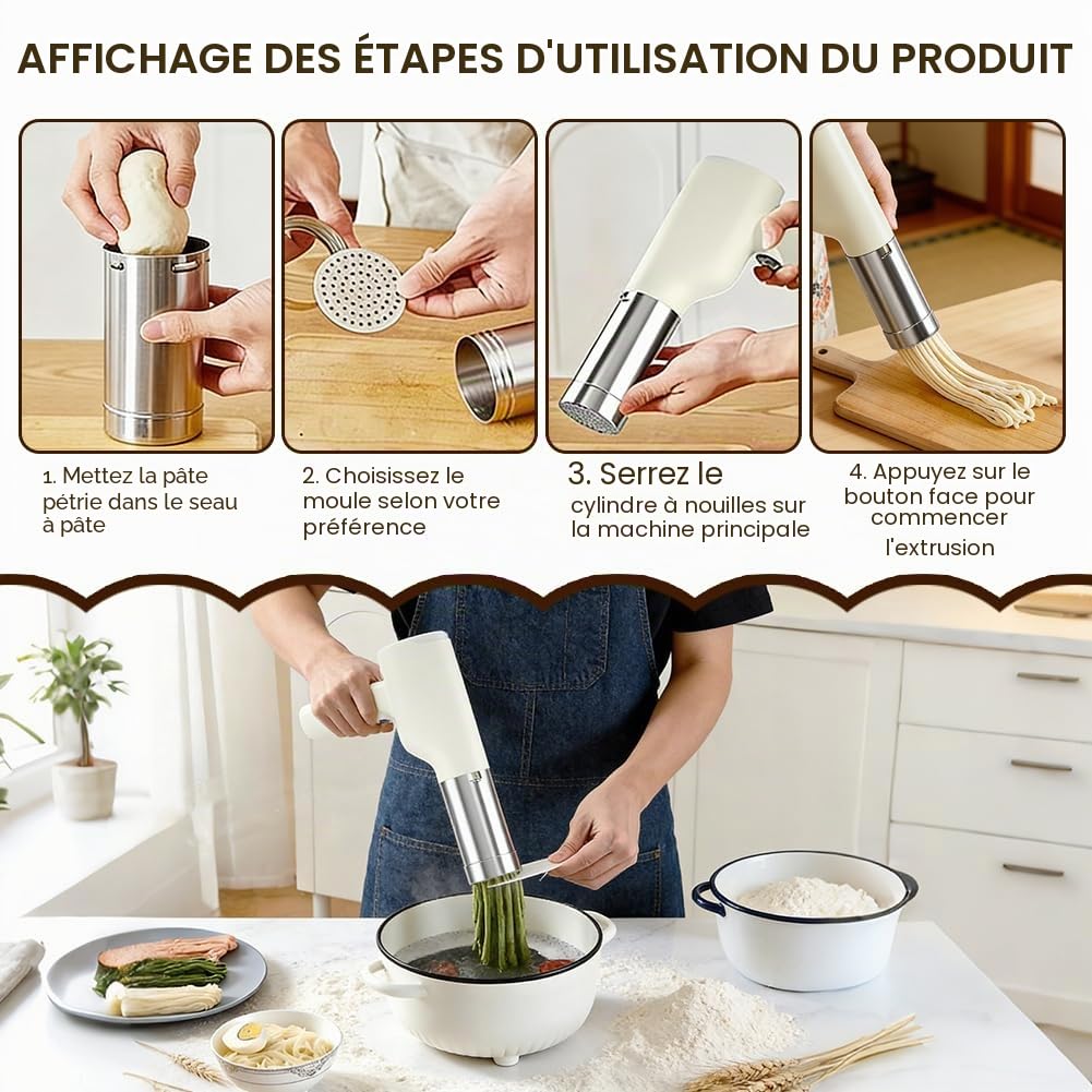 Machine à Pâtes Électrique Sans Fil Portable 40W, Presse à Pâtes Automatique avec 5 Moules, Spaghetti Nouilles Maison, Robot Cuisine Compact, Acier Inoxydable 304, Facile à Utiliser