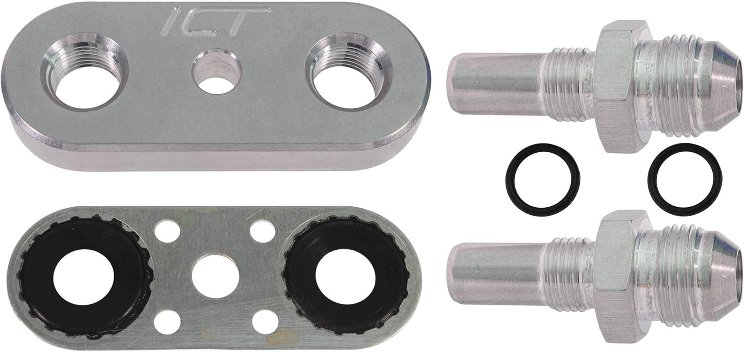 ICT Billet Transmission Cooler Line Adapter Plate with Gasket 8AN Fittings Compatible with 6L80E 6L90E 8L90E Factory Oil Seal Line Connector for Custom Braided Hose Set 551121-8AN