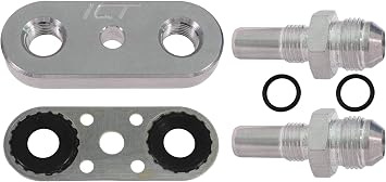 ICT Billet Transmission Cooler Line Adapter Plate with Gasket 8AN Fittings Compatible with 6L80E 6L90E 8L90E Factory Oil Seal Line Connector for Custom Braided Hose Set 551121-8AN