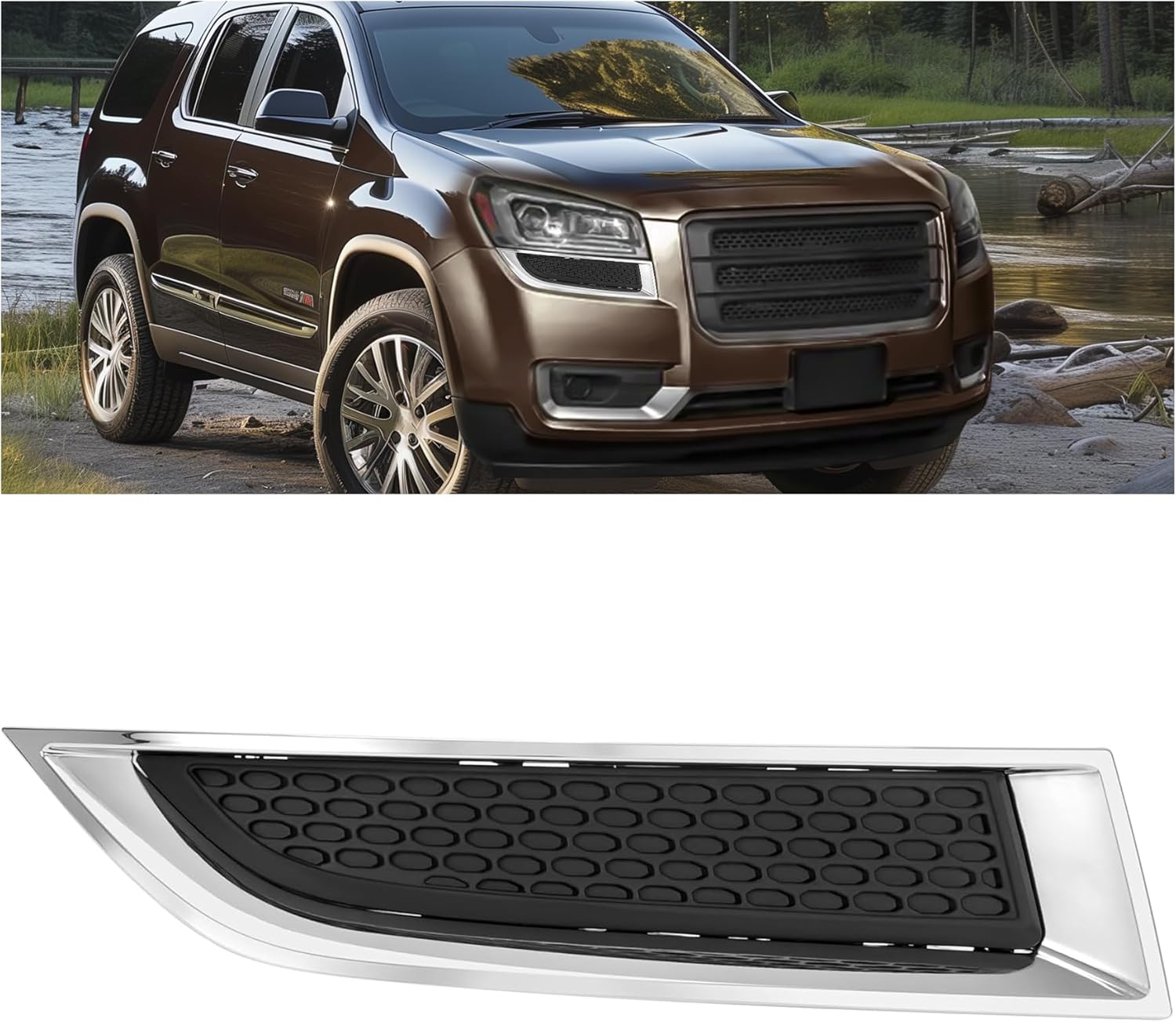 KUAFU RH Fog Light Bezel Compatible with 2013-2017 GMC Acadia Headlight Cover Bezel Replacement for 20982400 GM1039155 Headlamp Trim Black+Silvery Passenger Side