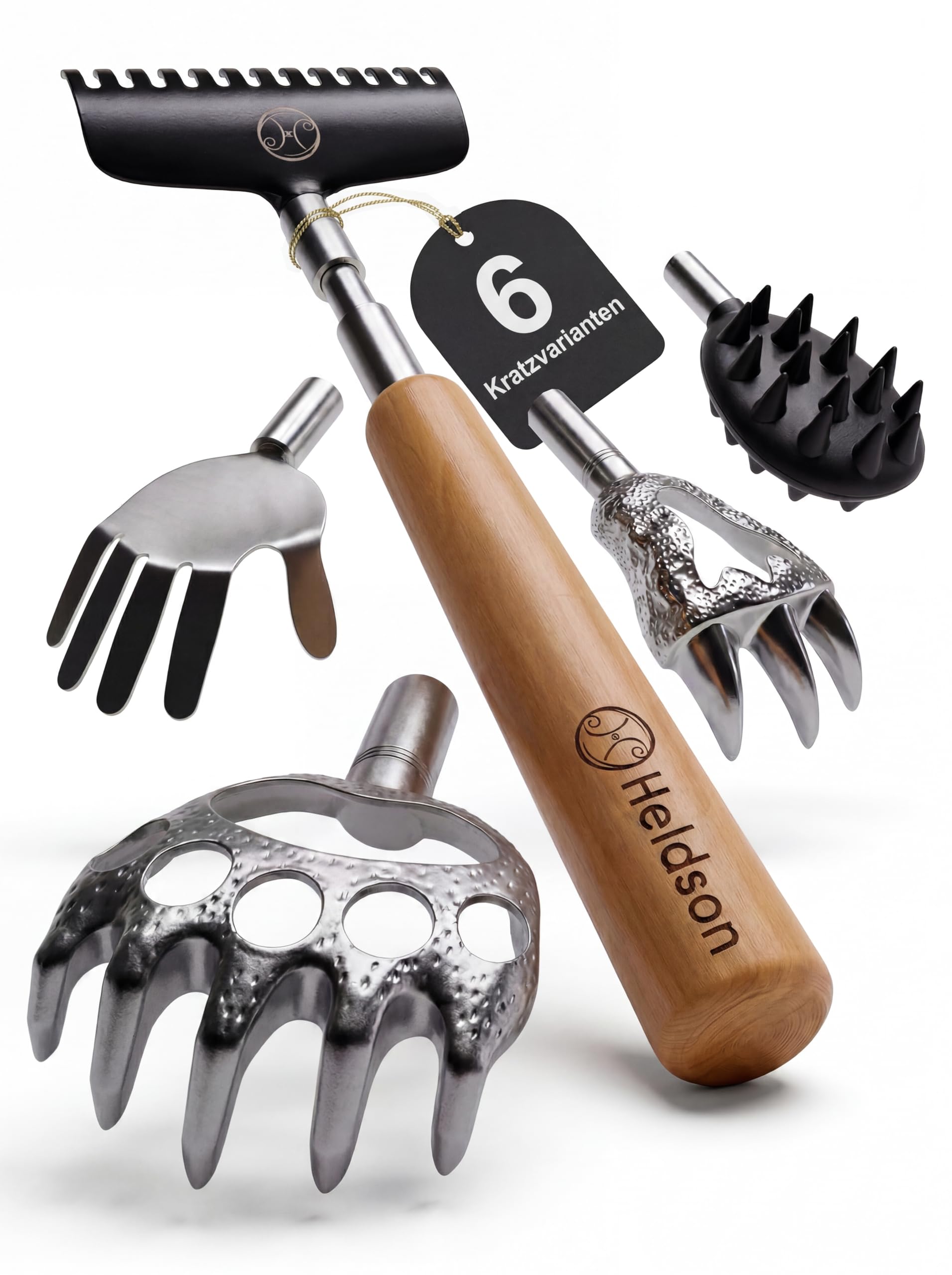 Rückenkratzer Holz Ausziehbar mit 5 Kratzaufsätzen - Edelstahl Teleskop | HELDSON Kratzhand bis 73 cm, Geschenkideen Männergeschenke, Jede Stelle Erreichen, Stabil und Langlebig, Geschenk