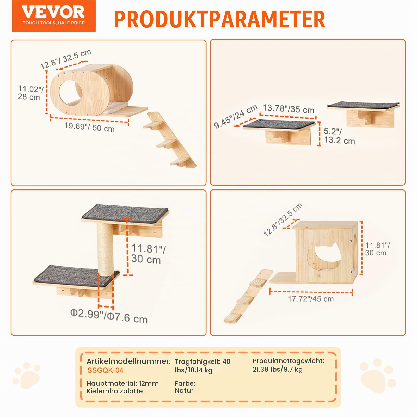 VEVOR Kletterwand, Katzenwandregale und Sitzstangen mit Sprungbrettern, Katzenbetten, Hängematten und Katzenbaum, Katzenmöbel und Regale bis zu 18 kg zum Schlafen, Spielen, Klettern, 7er-Set