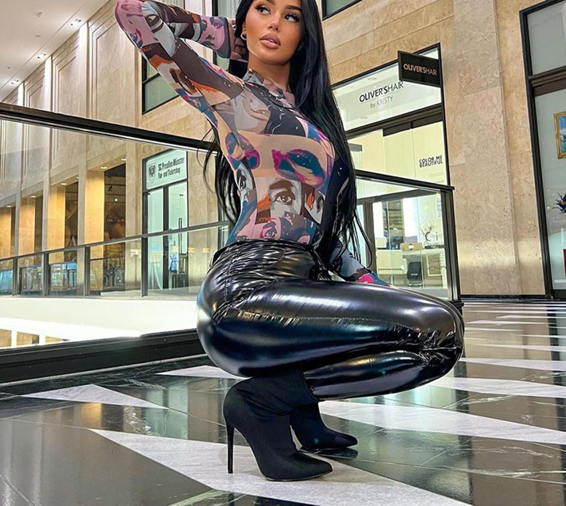 Women's Long Sleeve Sheer Mesh Jumpsuits Printed Beach Bodysuit Bikini Stretchy Leotard Slim Fit One Piece T Shirt Tops