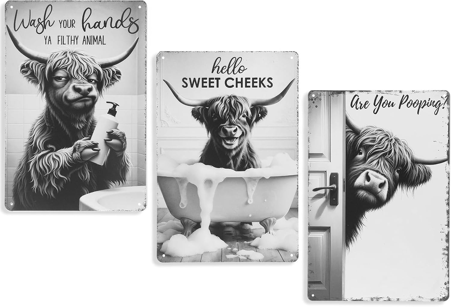 3 Set Highland Cow Sign, Are You Pooping Sign, Highland Cow Funny Metal Decor, Vintage Bathroom Farmhouse Wall Art with Hooks and Jute Rope for Restroom Toilet Home Decoration