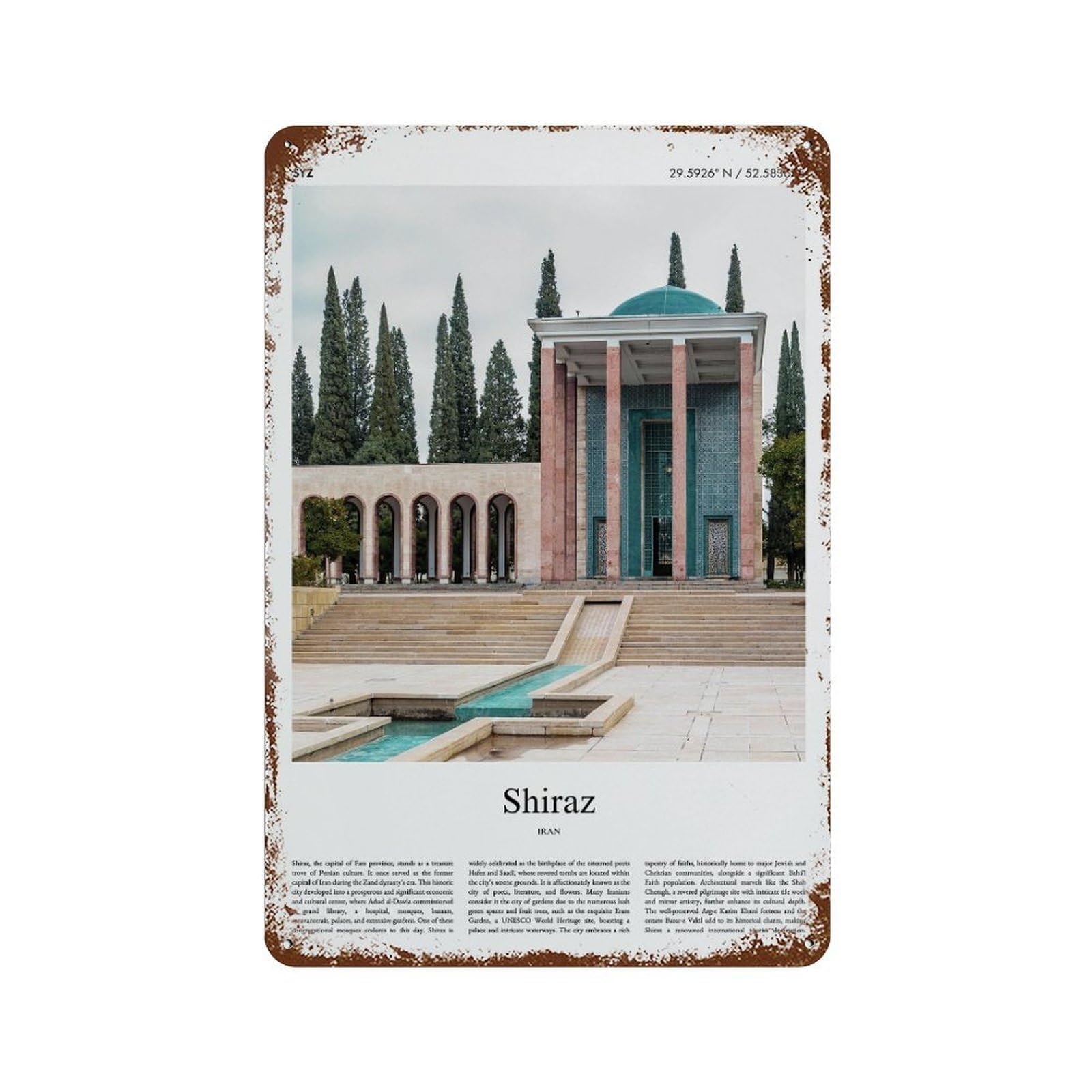 xiaoxiaoshen Shiraz Iran City Scenery Wall Decor Art Metal Tin Poster Modern Home Decor Art Home Bar Shop Decorations Vintage Sign 30x20cm