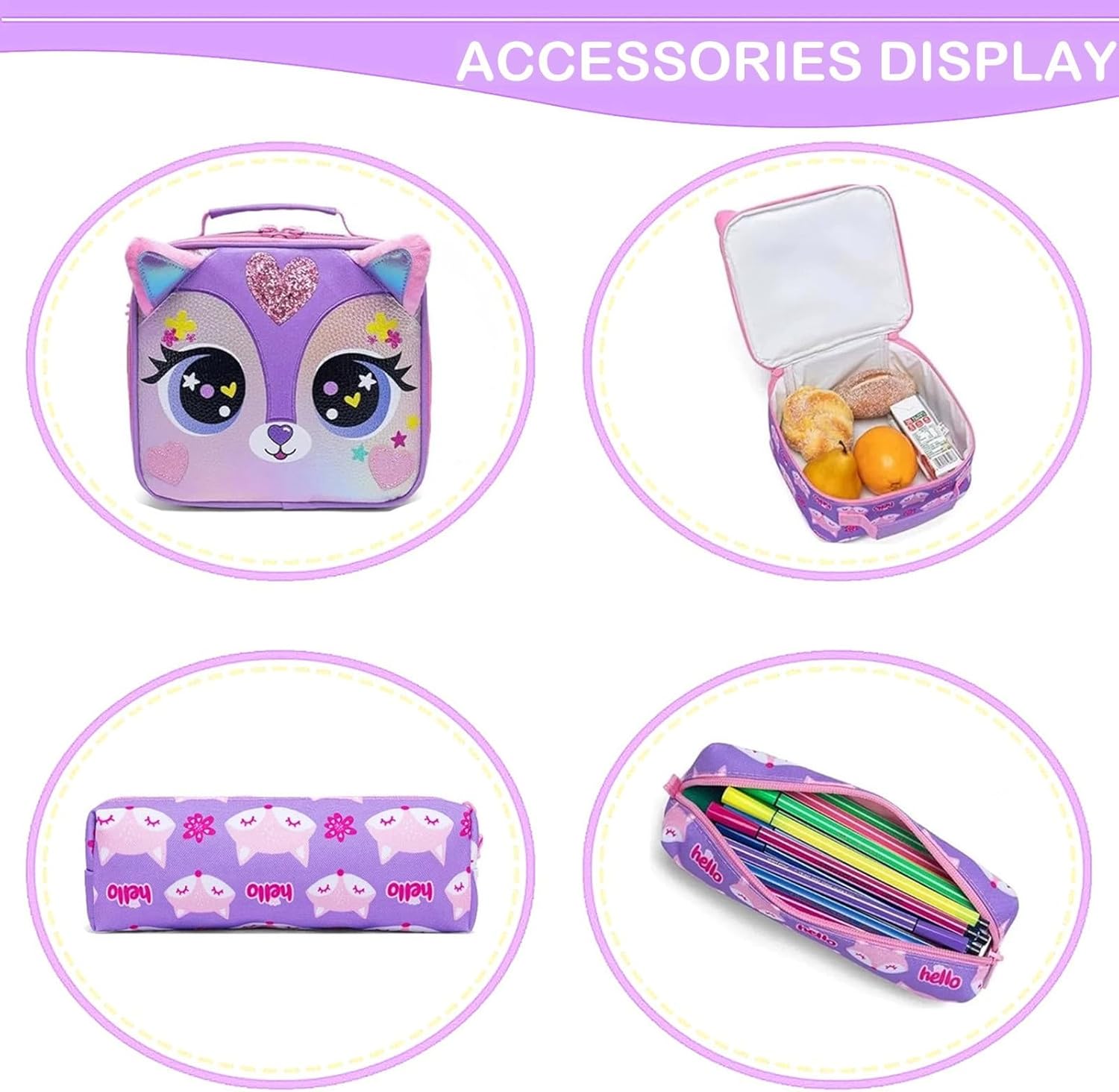 3PCS Girls Backpack Set with Lunch Box and Pencil Bag Cute Animal Print School Bag for Kids Lightweight Bookbag for Primary Student Back to School Essentials (13716-3 Purple)