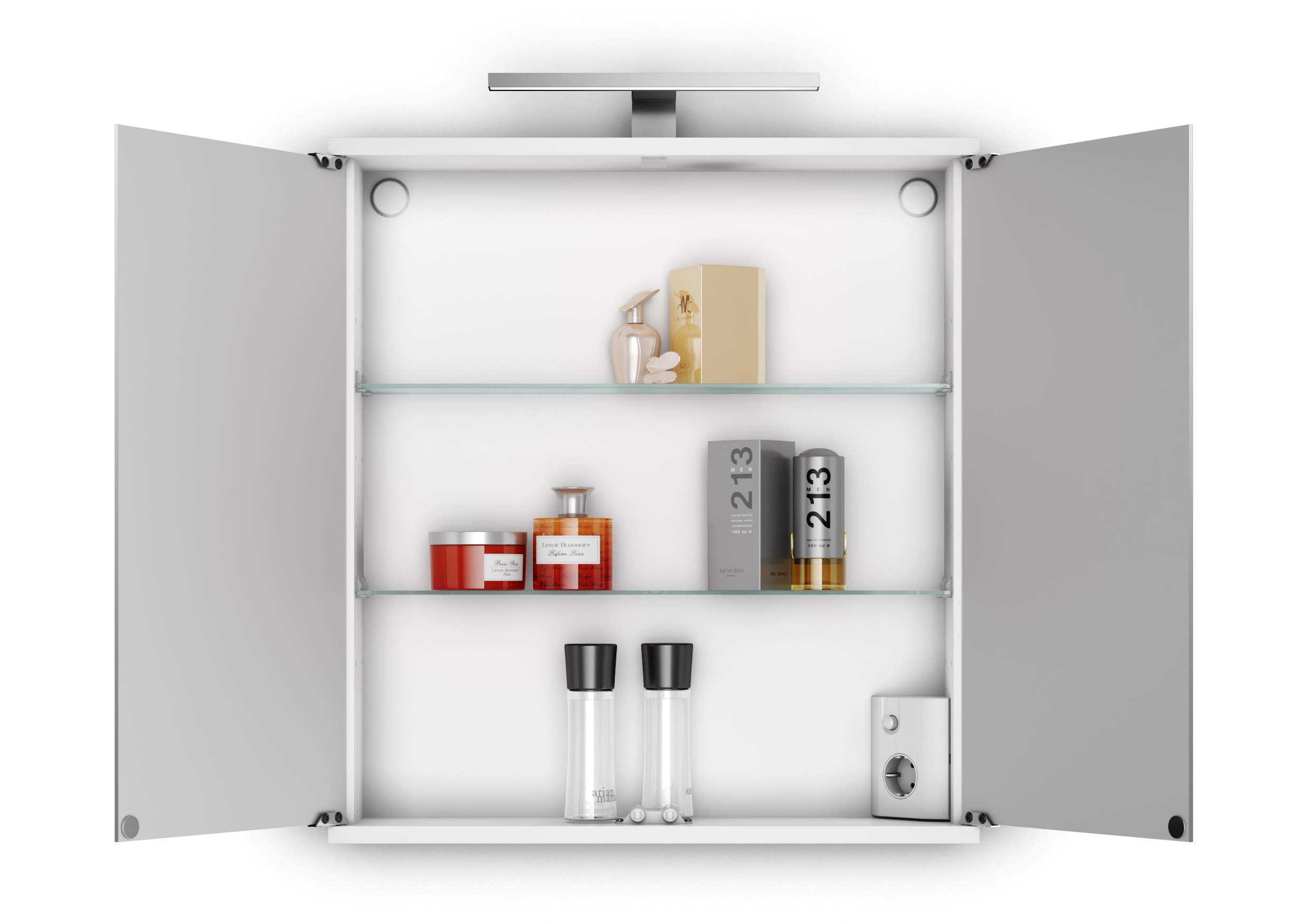 Jokey Spiegelschrank Kandi mit LED Beleuchtung 60 cm breit, Badezimmer Spiegelschrank aus MDF, inkl. Steckdose | Weiß