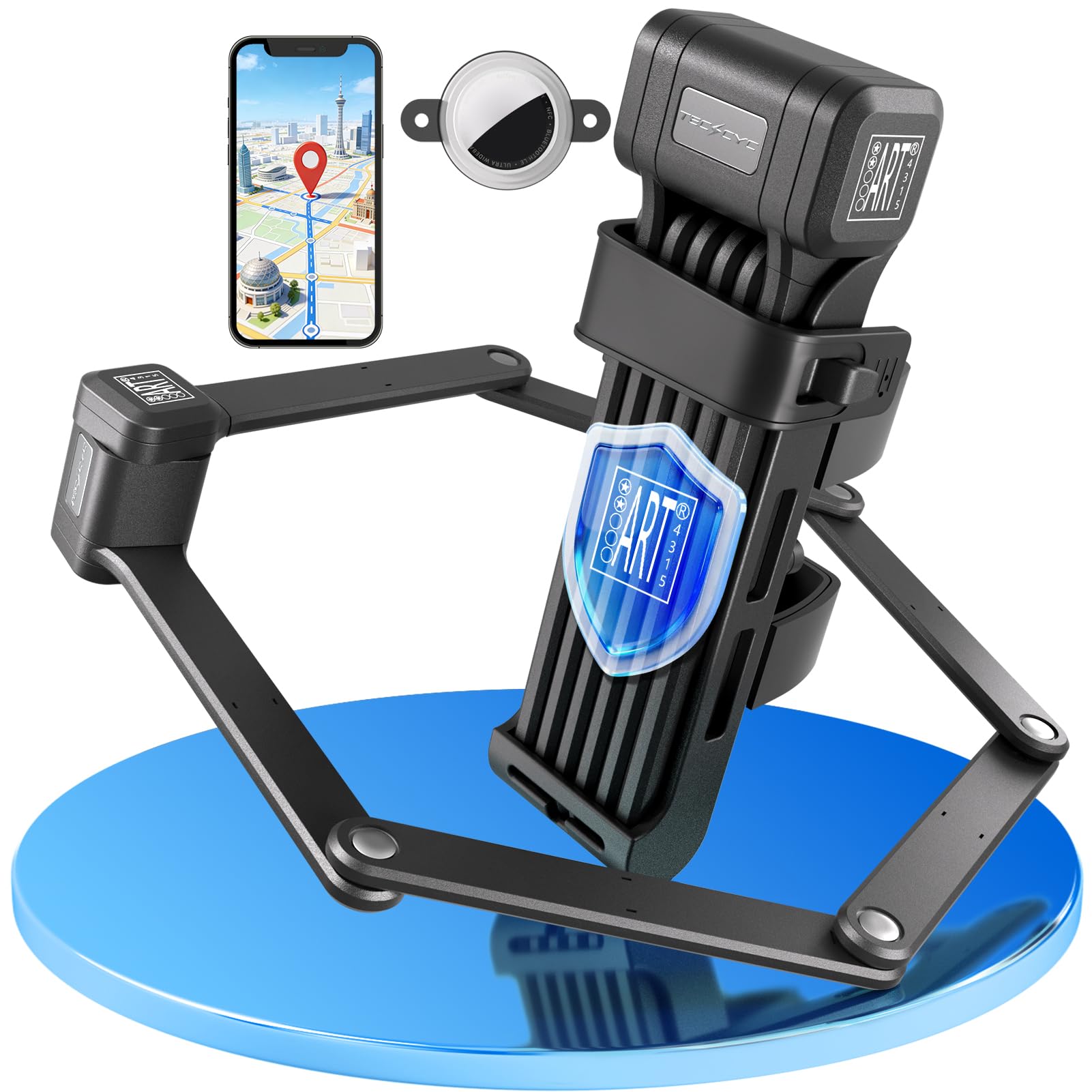 TECHCYC Antivol Vélo Pliable 90cm | Certifié ART avec Compartiment GPS | Acier Trempé | 3 Clés Incluses | Fixation Silencieuse Sans Cliquetis | Compatible Vélo électrique, VTT, Moto et Trottinette