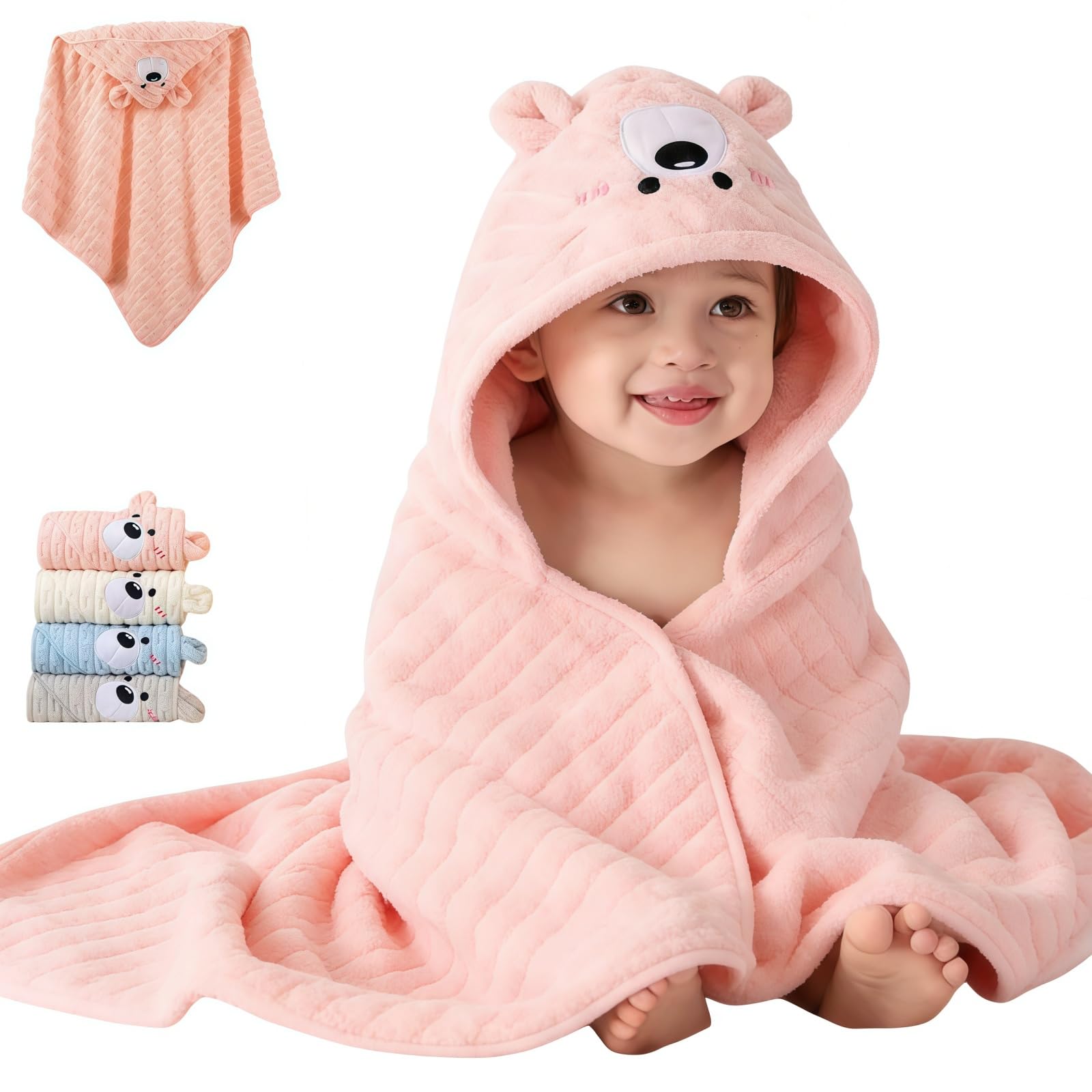 Sumneo Kuscheliges Fleece Baby Handtuch mit Kapuze | Weiches Hooded Badetuch mit Tierdesign | Saugstark & Schnelltrocknend für Neugeborene, Babys & Kleinkinder (Pink)