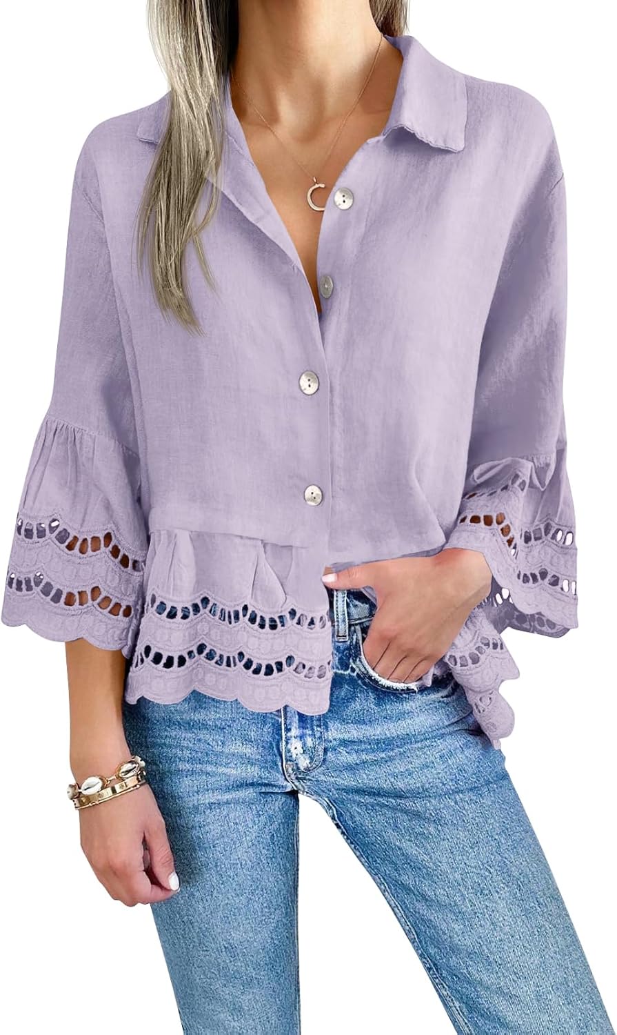 Cicy Bell Womens 3/4 Bell Sleeve Button Down Shirts Casual Ruffle Hem Tops Eyelet Blouse