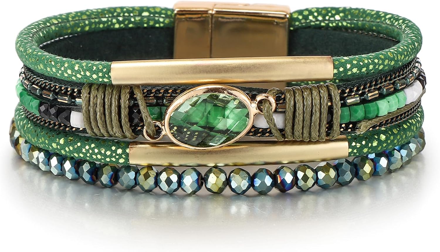 Edoneery Leather Wrap Bracelet for Women, Boho Handmade Multi-Layer Cuff with Crystal Beads Heart, Stackable Bangle Western Jewelry Gift