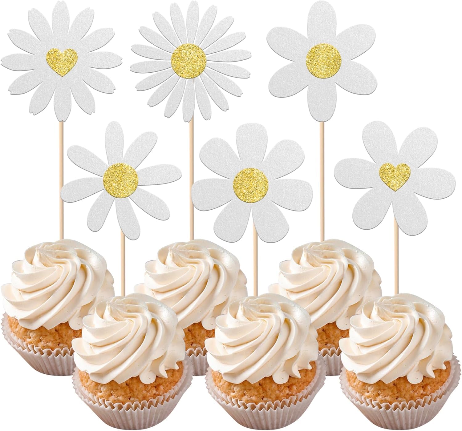 SYKYCTCY 24 Pack White Daisy Cupcake Toppers Glitter Daisy Flower Cupcake Picks for Chrysanthemum Theme Baby Shower Wedding Birthday Party Cake Decorations Supplies