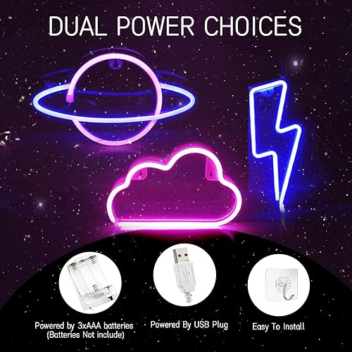Miniatura 6 de VIOPVERY 3 piezas de letreros de planeta relámpago de neón para decoración de pared de dormitorio, luces LED para habitación de niños, regalo,